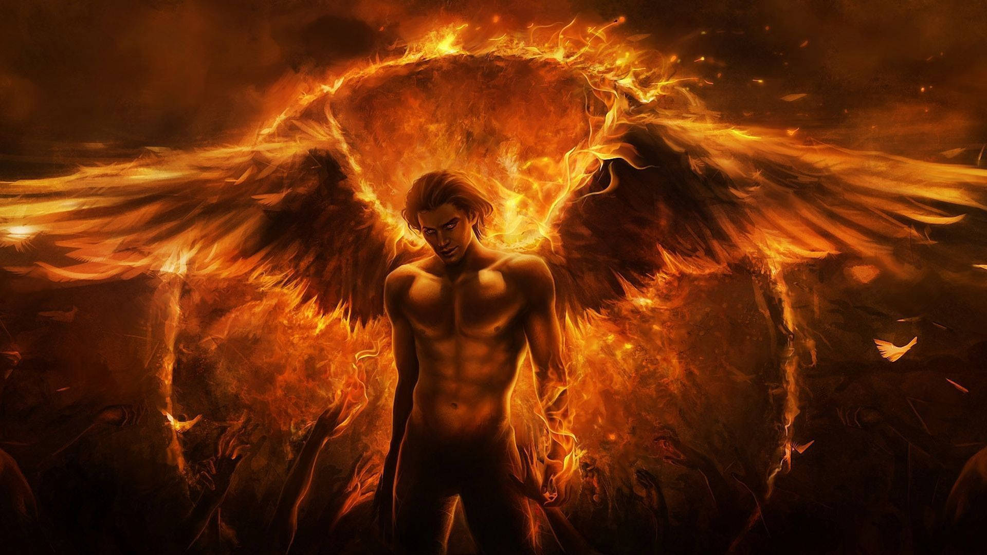 angels 桌布 壁紙 — 一個肌肉發達、擁有火焰翅膀的天使，站在黑暗而戲劇性的數位藝術作品的火焰之中。