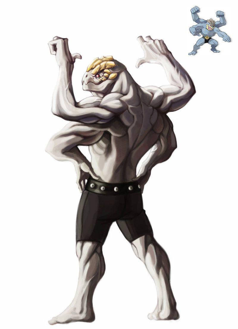 Machamp 桌布 壁紙 — 一個肌肉發達、擁有獅子頭和金色鬃毛的人形生物，在純白色背景前強力地展示肌肉。