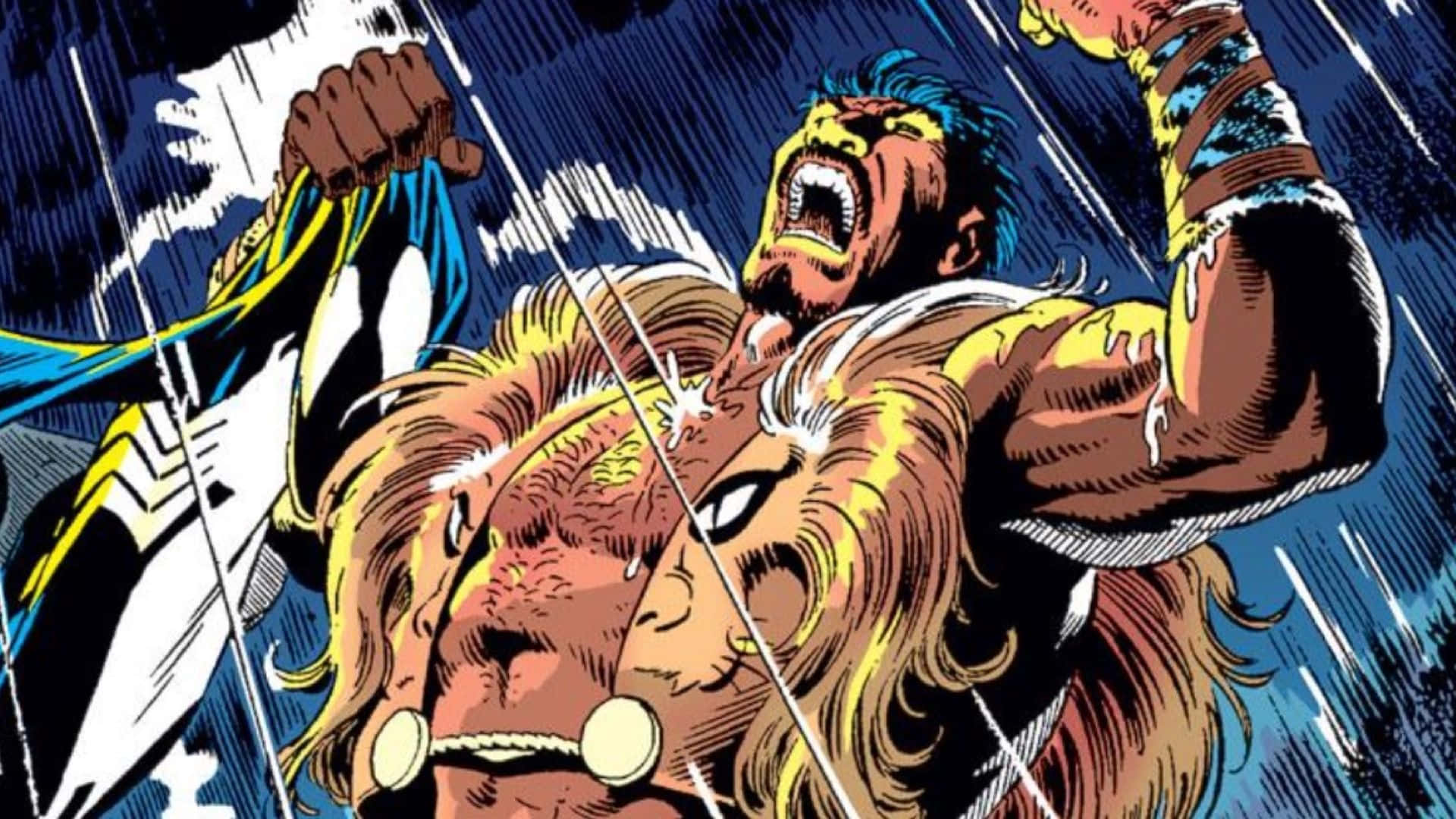 Kraven The Hunter 桌布 壁紙 — 一個肌肉發達、擁有獅子頭的超級英雄，在暴風雨般的藍色背景上，伴隨著動態的白色條紋，兇猛地咆哮。