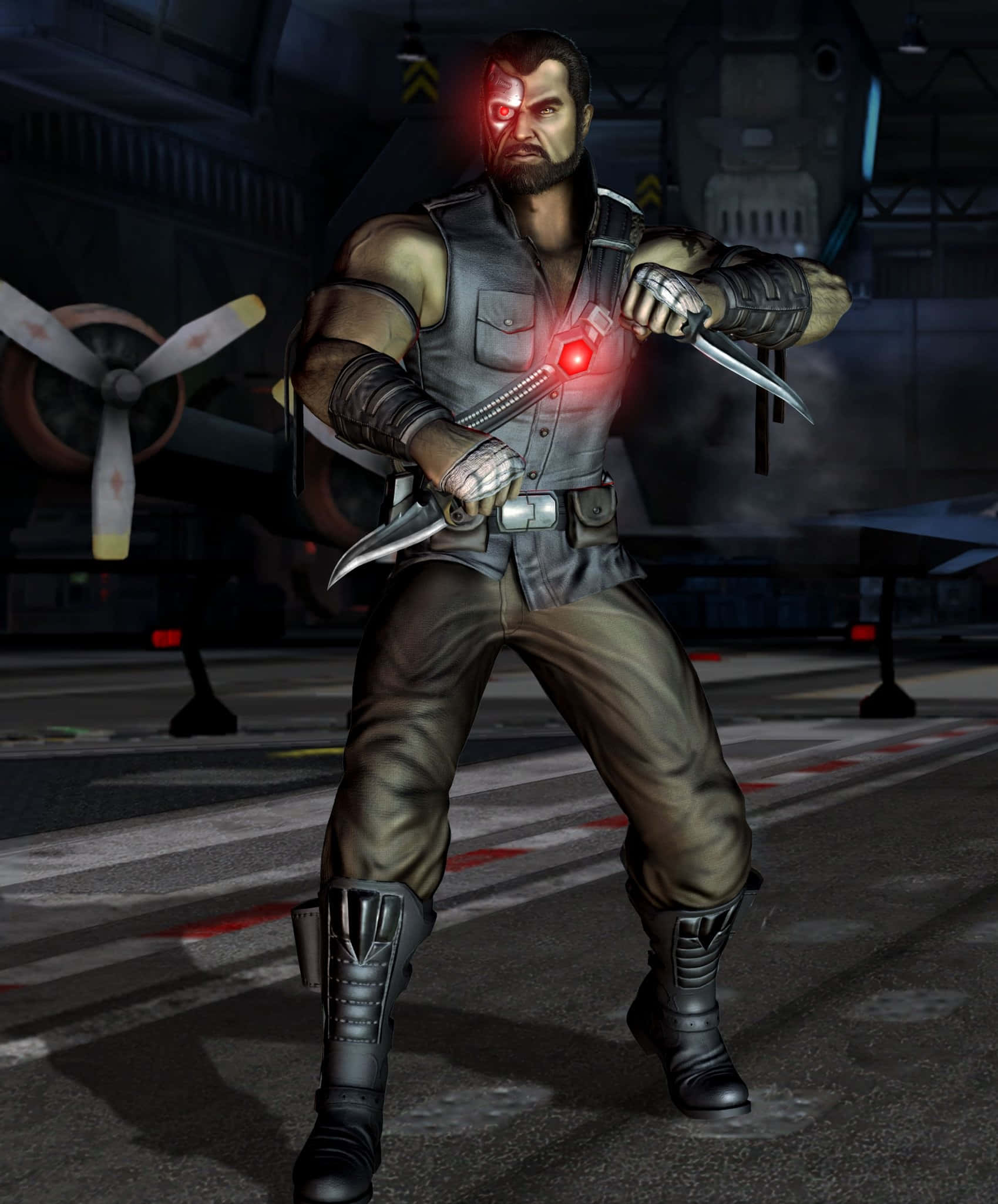 Mortal Kombat Kano 桌布 壁紙 — 一個肌肉發達、擁有發光紅眼和電子增強的男人，在昏暗的機庫中揮舞雙刀。