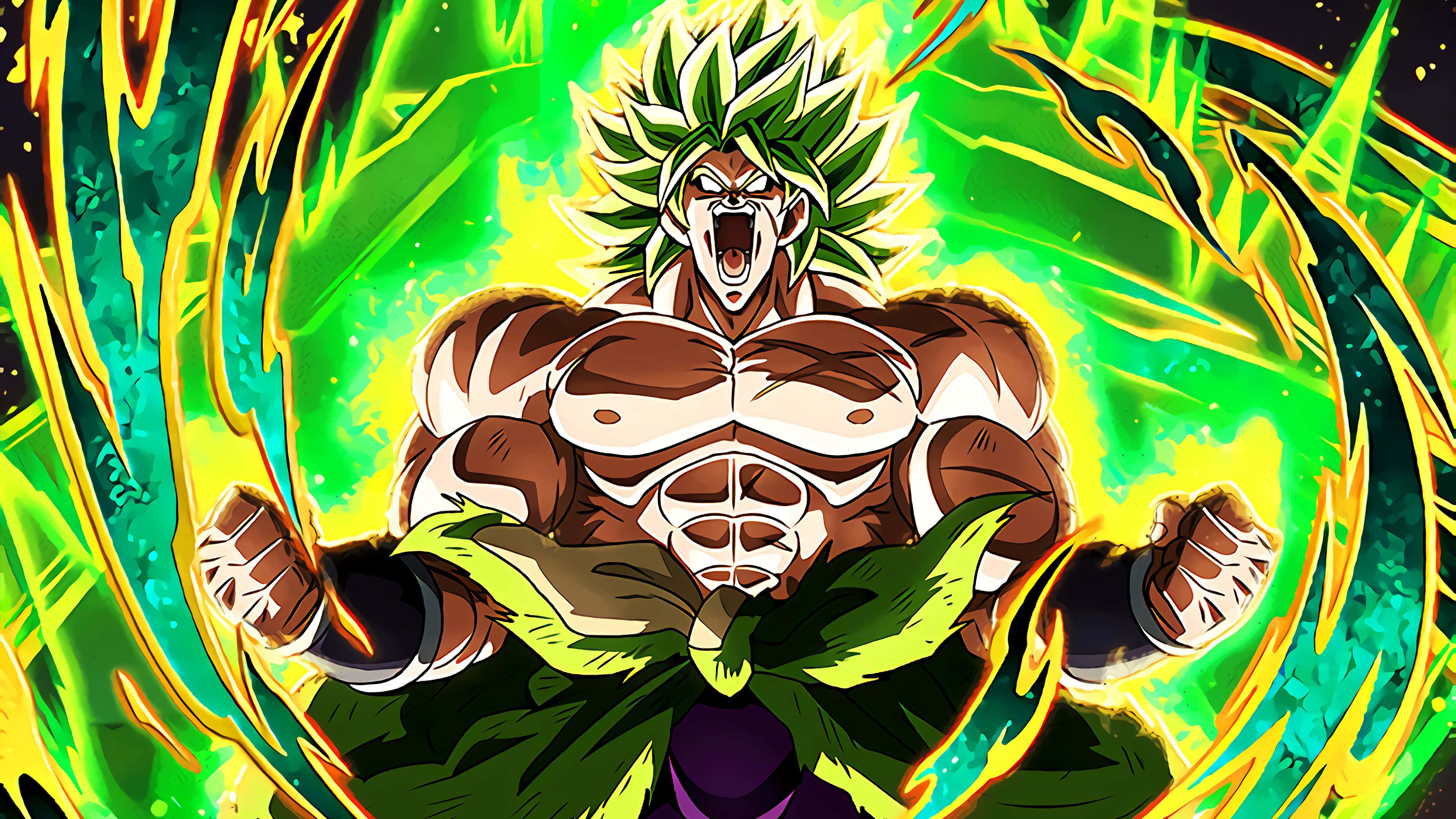 Dragon Ball Z Broly 桌布 壁紙 — 一個肌肉發達、擁有綠色尖刺頭髮的動漫戰士，在旋轉的綠色和黃色能量火焰中咆哮。