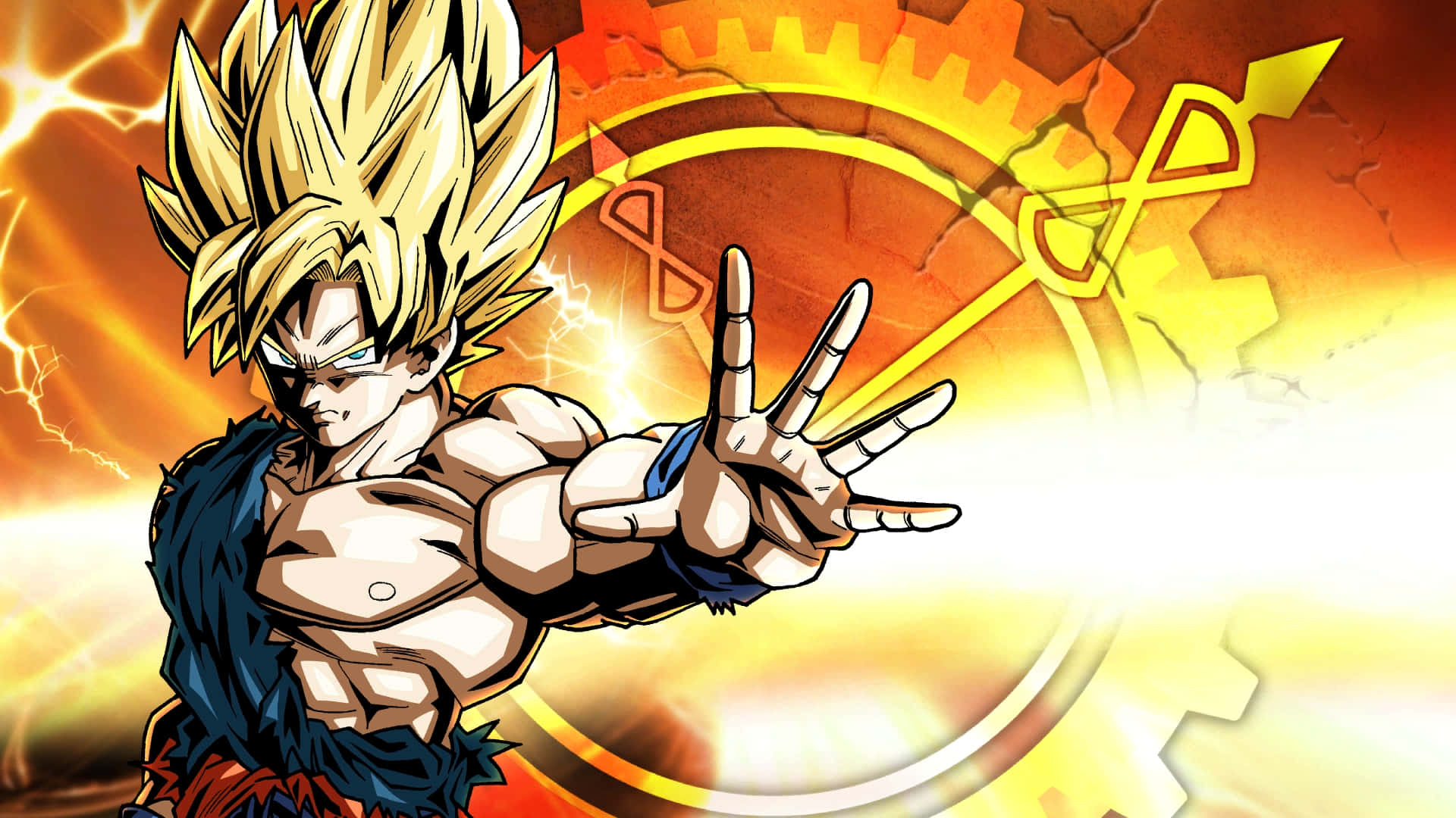 Dragon Ball Xenoverse 2 桌布 壁紙 — 一個肌肉發達、擁有金色尖刺頭髮的動漫戰士，在火焰齒輪主題背景下以動態姿勢引導能量。