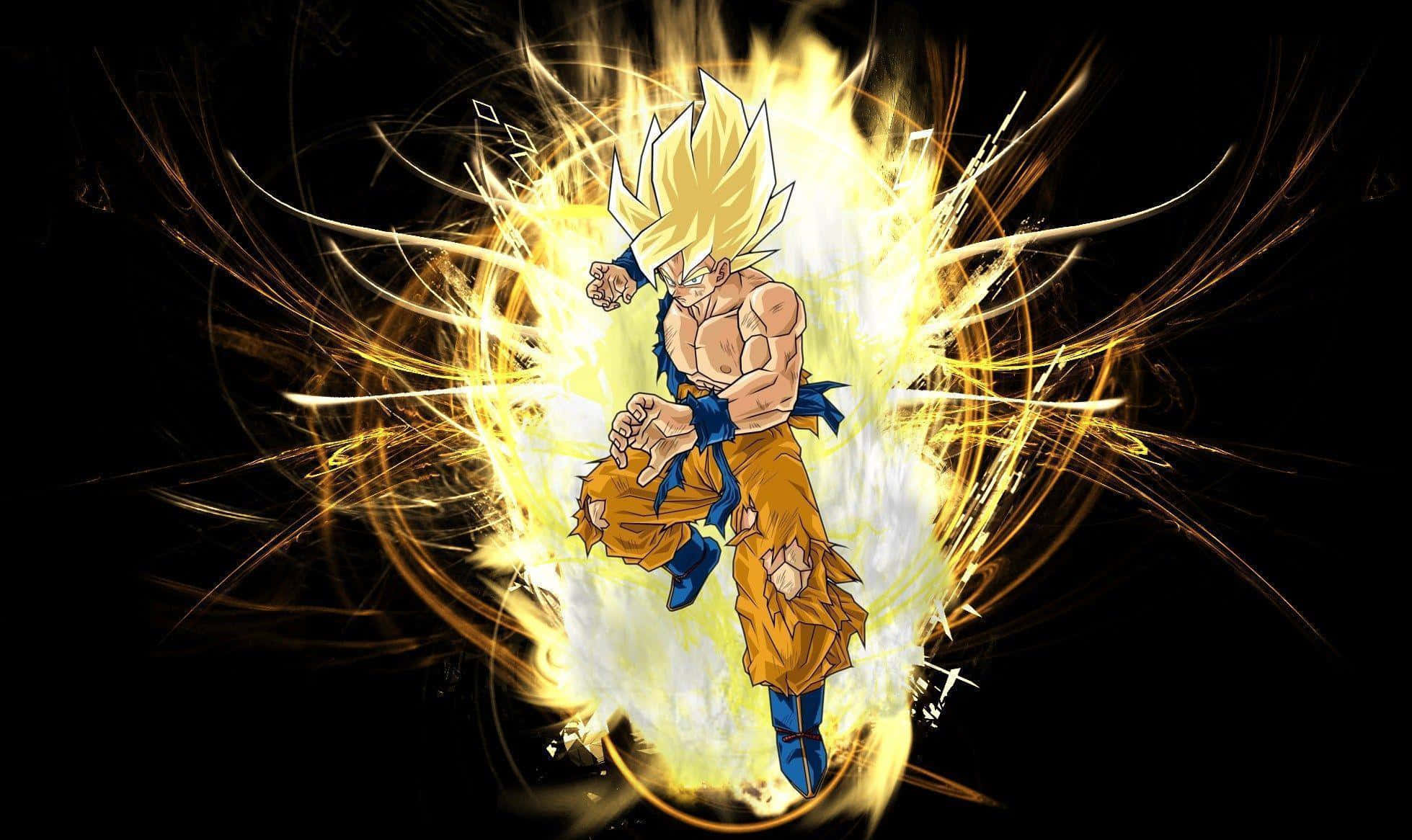 Dragon Ball Z Super Saiyan 桌布 壁紙 — 一個肌肉發達、擁有金色尖刺頭髮的動漫戰士，在黑色背景前散發出強烈的黃色能量。