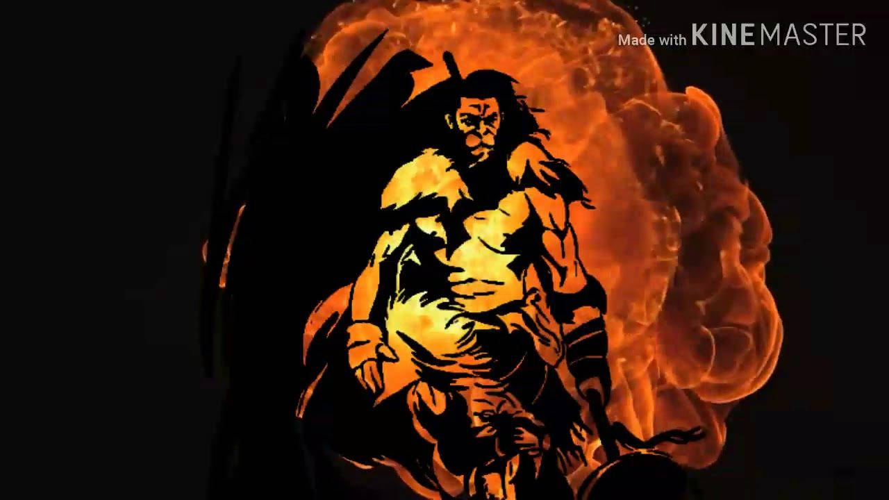 angry hanuman 桌布 壁紙 — 一個肌肉發達、擁有黑色翅膀的戰士，在純黑背景中挑釁地對抗著熾熱的橙色火球。