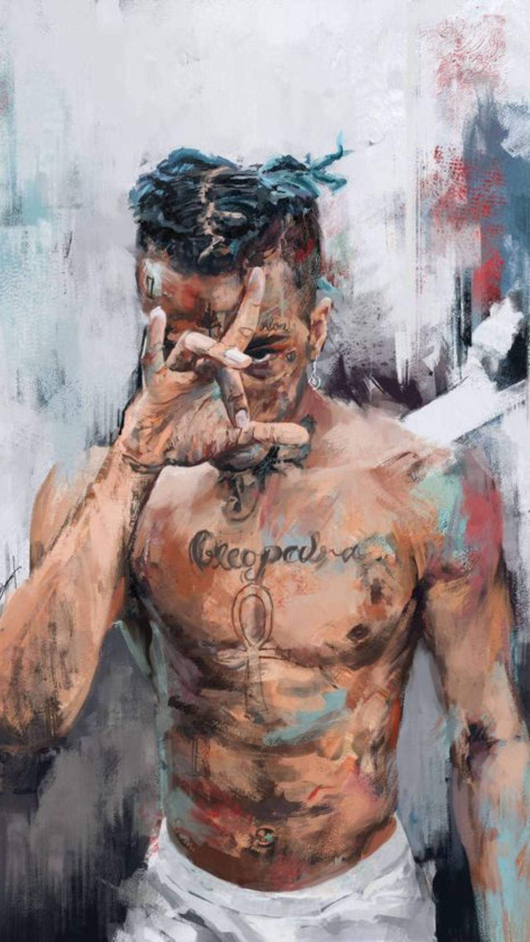 酷酷的xxxtentacion 桌布 壁紙 — 一個肌肉發達、有刺青和藍色頭髮的男子在紋理抽象背景前做手勢。