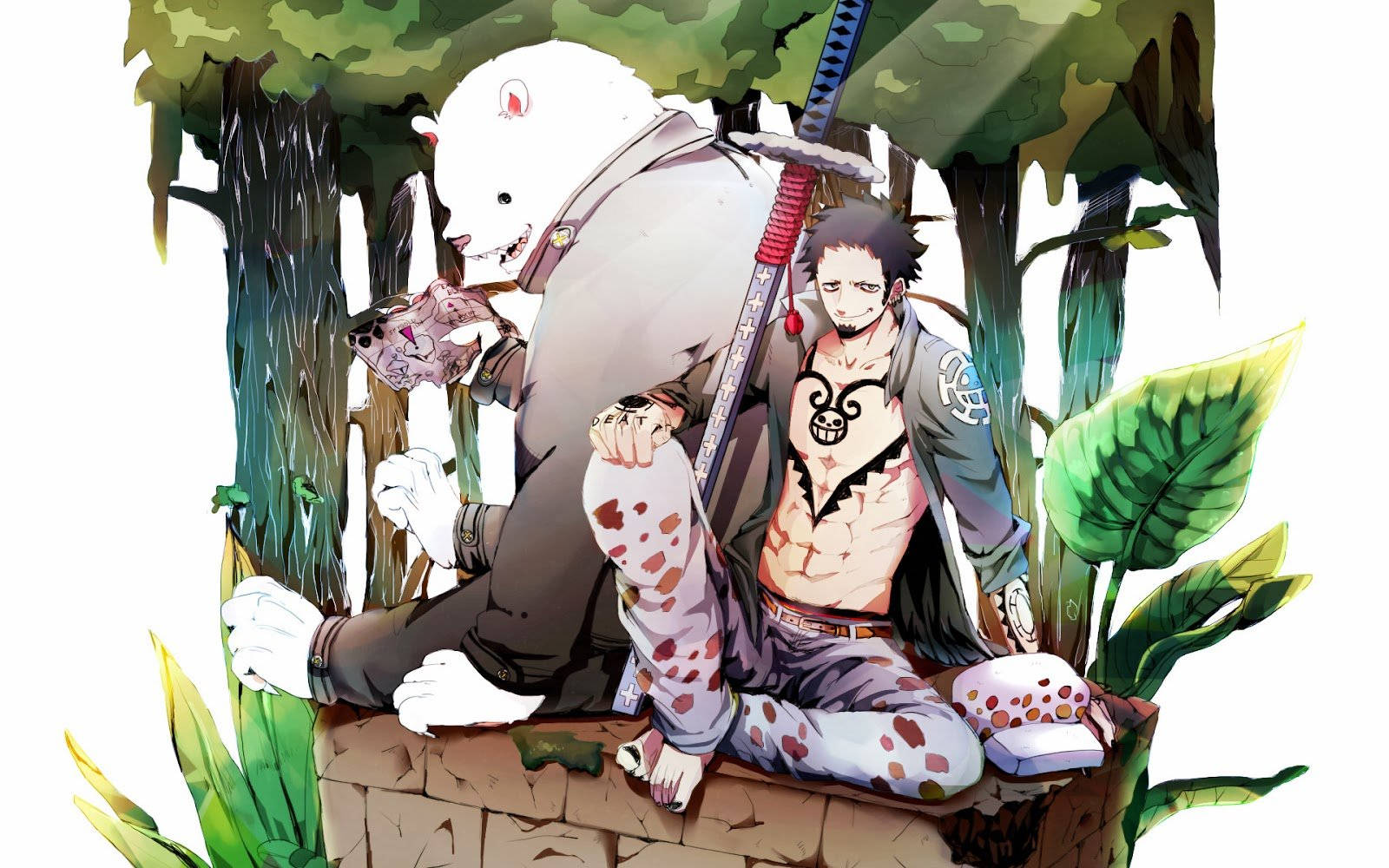 海賊王 桌布 壁紙 — 一個肌肉發達、有刺青的動漫男子坐在茂密綠色叢林中的一隻巨型白熊旁邊。