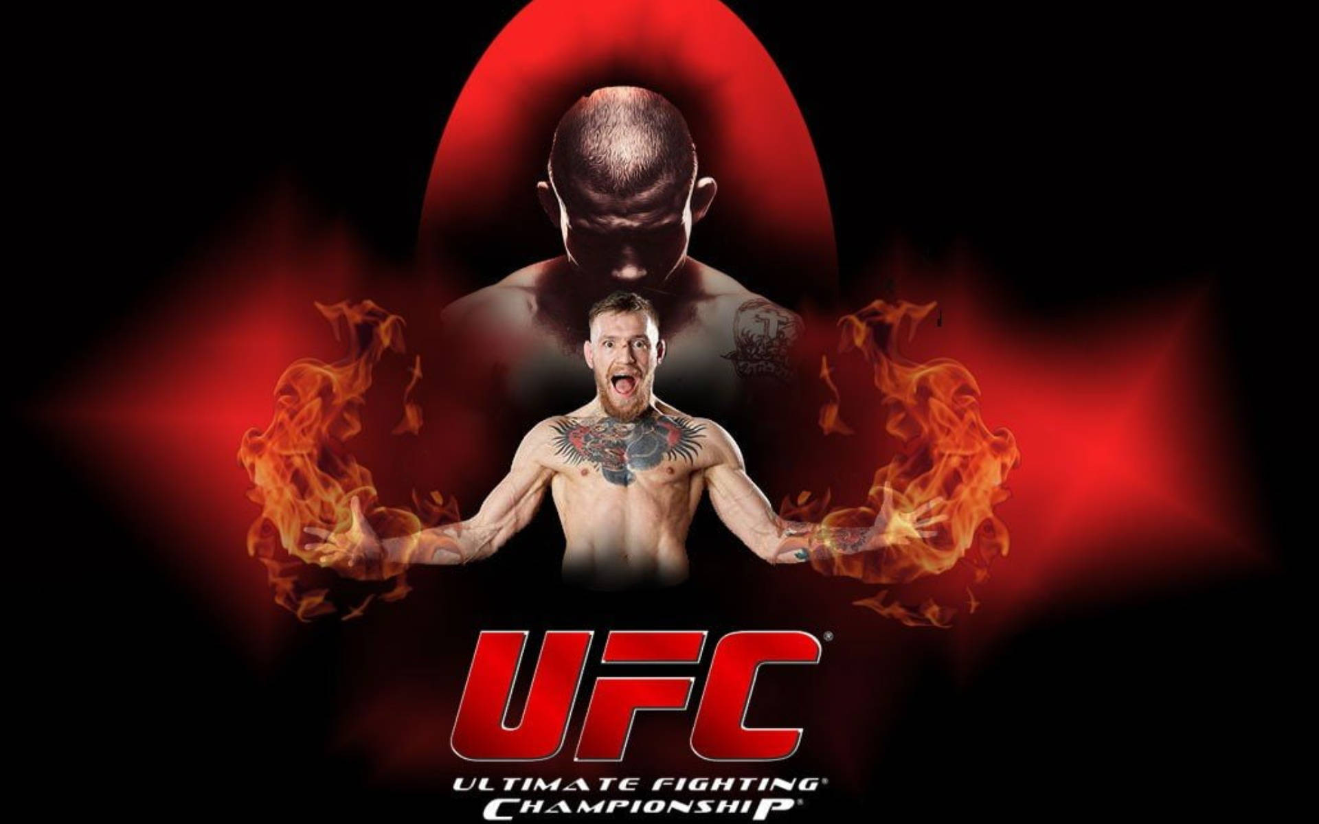 Mcgregor 桌布 壁紙 — 一個肌肉發達、有刺青的戰士咆哮著，火焰從他的手中噴出，背景是暗紅色發光，上方有一個陰影輪廓。