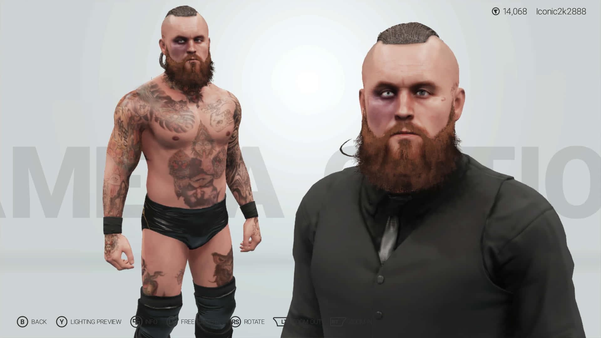 WWE 桌布 壁紙 — 一個肌肉發達、有刺青的摔角手穿著黑色三角褲，站在同一個穿著深色襯衫的角色旁邊，背景是純色攝影棚。