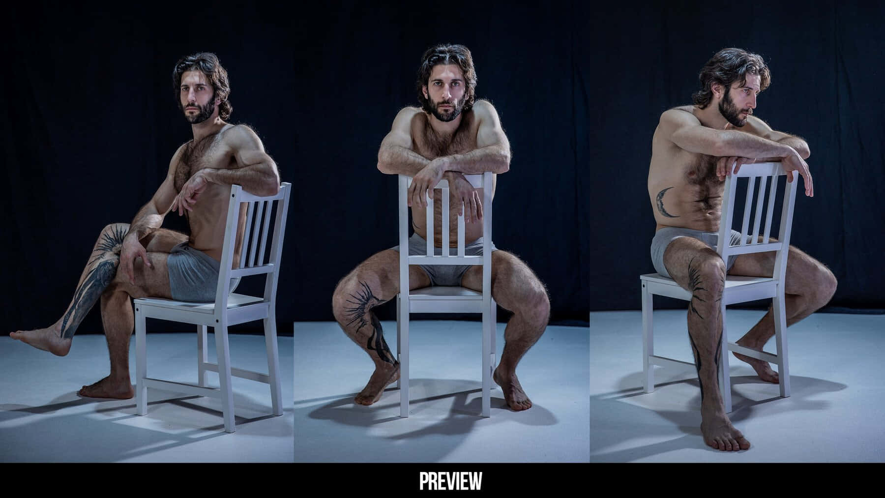 Sitting Pose 桌布 壁紙 — 一個肌肉發達、有刺青的男人以三種不同姿勢坐在白色椅子上，背景為黑色，在攝影棚燈光下。