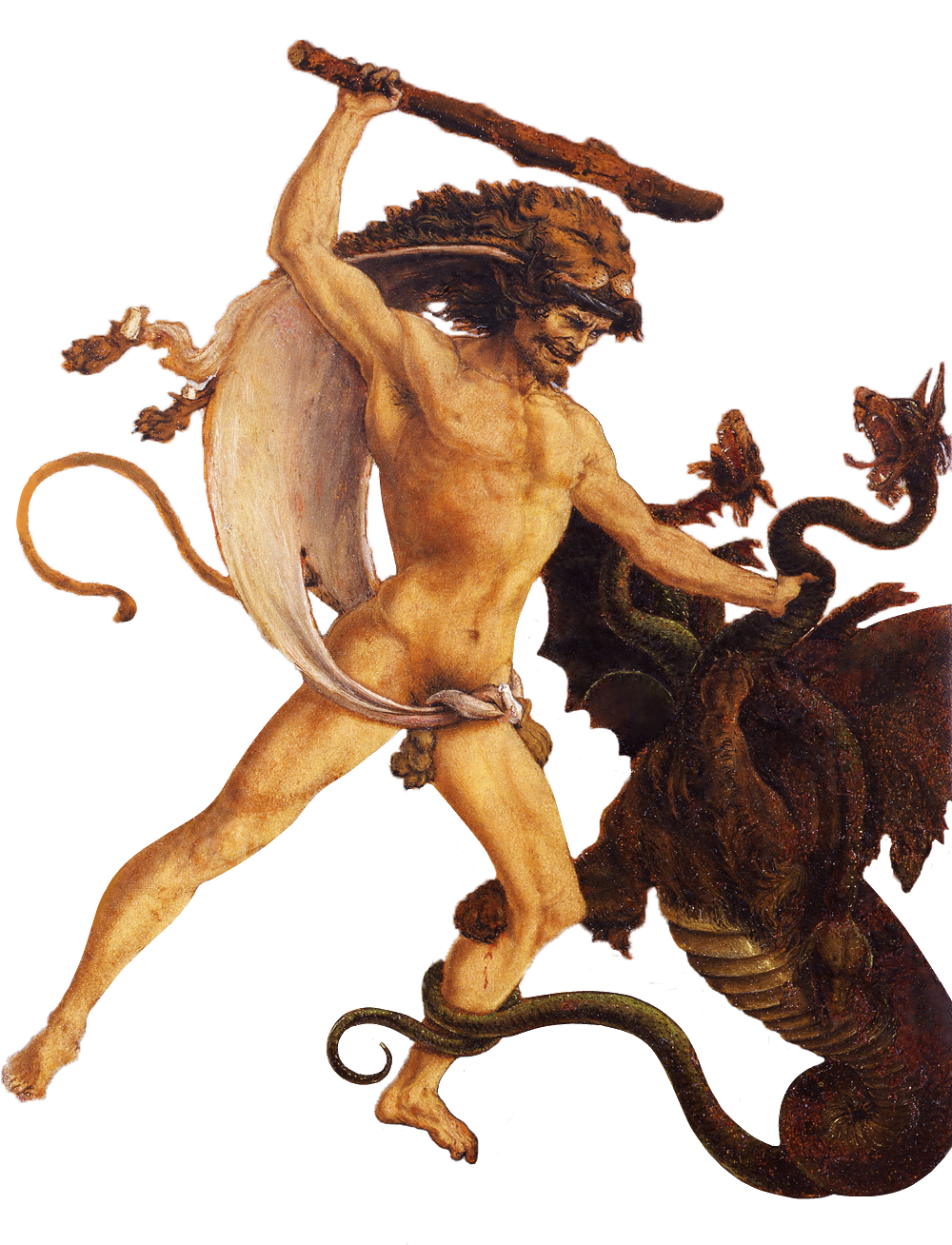 Mythical 桌布 壁紙 — 一個肌肉發達、有獅頭獅尾的翼人戰士揮舞棍棒，對抗一條纏繞的蛇形怪物。