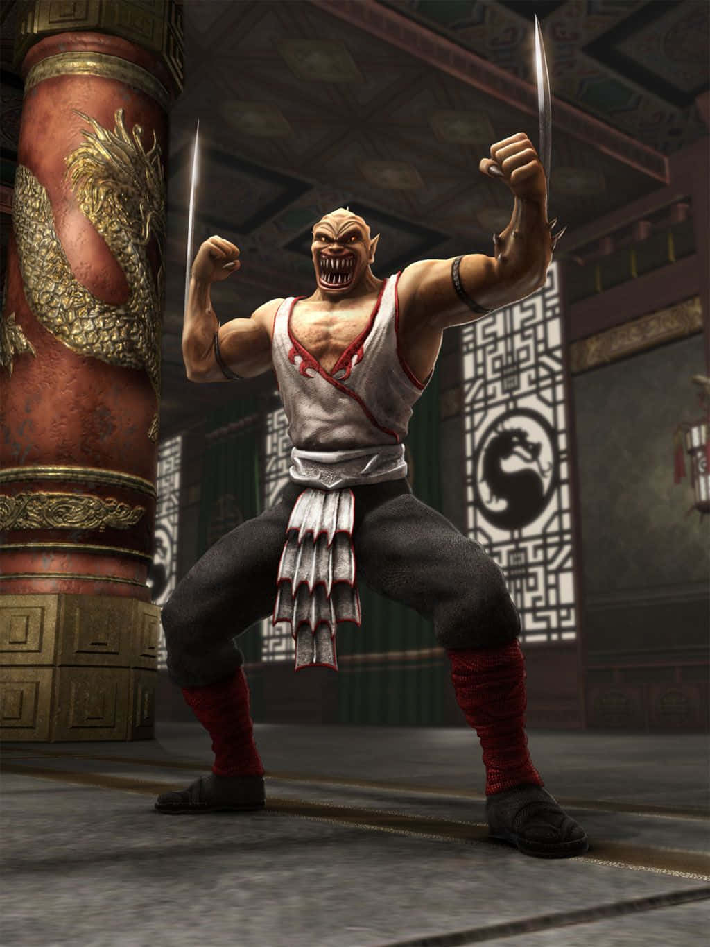 Mortal Kombat Baraka 桌布 壁紙 — 一個肌肉發達、有獠牙和爪子的戰士，穿著白色背心，在傳統亞洲寺廟內部威嚴地站立。