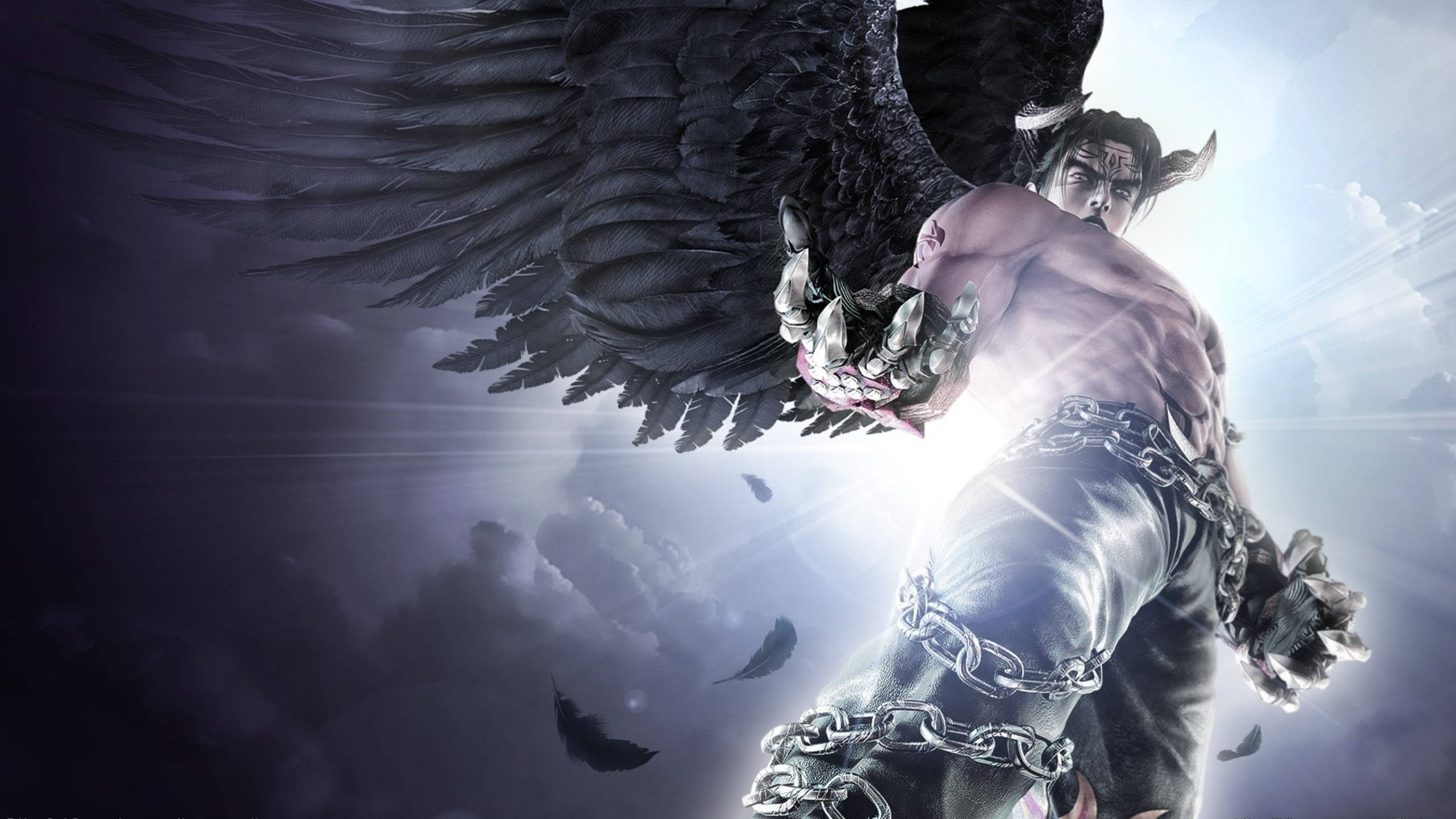 Tekken 桌布 壁紙 — 一個肌肉發達、有角、帶鎖鏈的翼魔從烏雲中掙脫，背後有強光迸發。