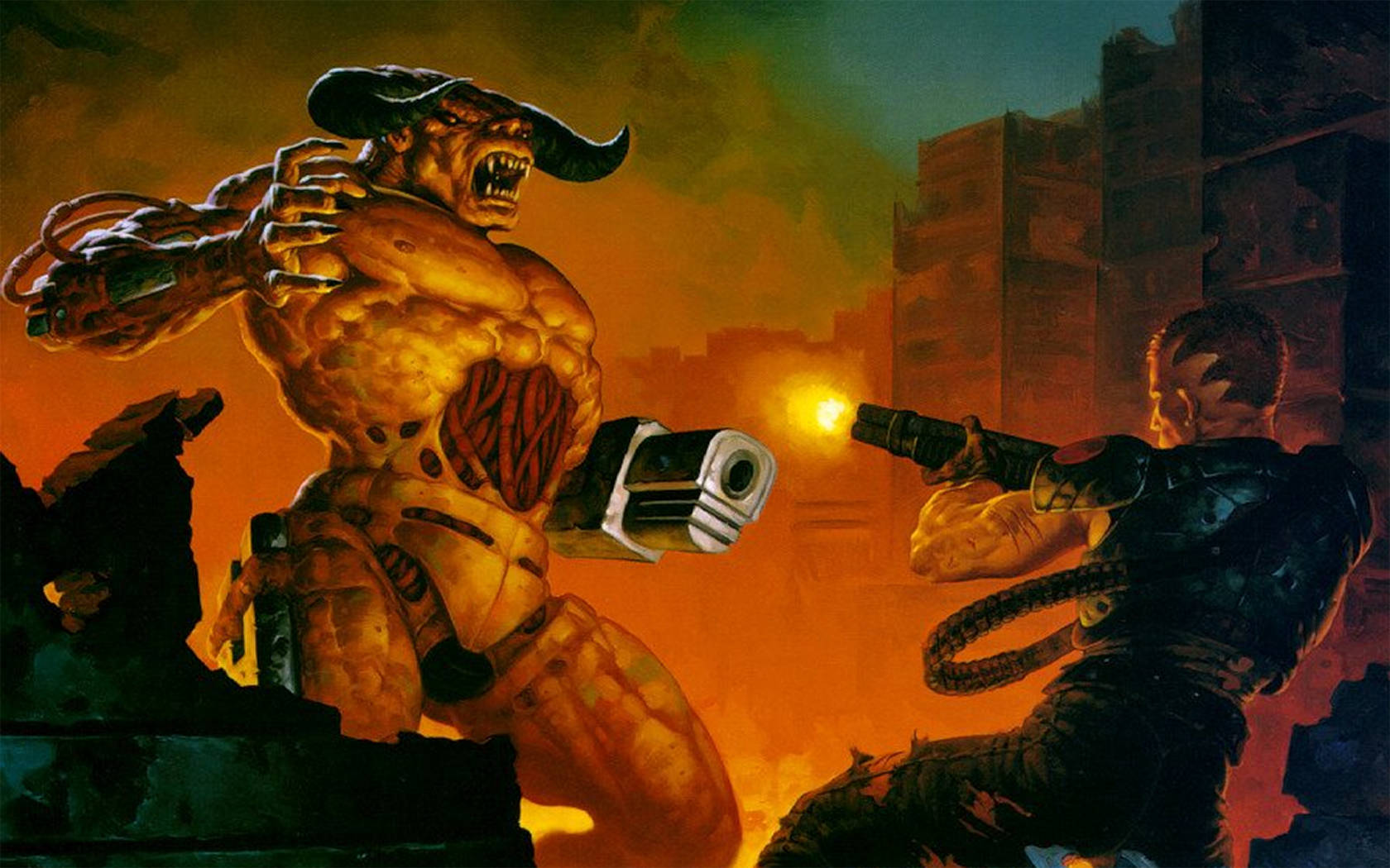 Doom 4K 桌布 壁紙 — 一個肌肉發達、有角的惡魔在燃燒的城市廢墟中向一名人類士兵開火時咆哮。