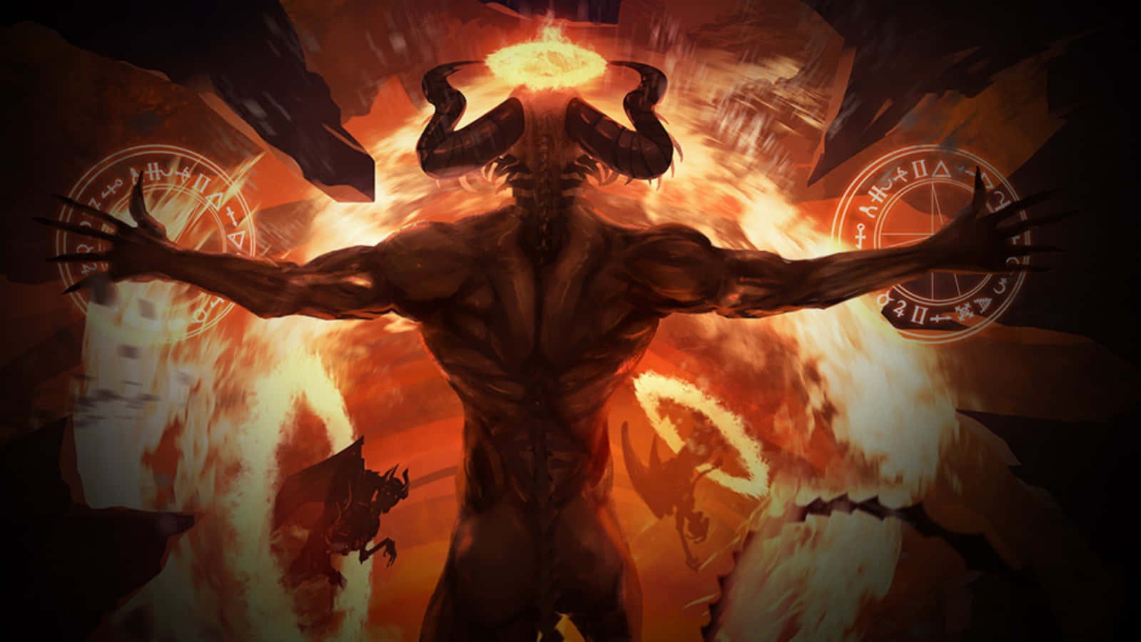 一個有角和張開雙臂的惡魔形象，被火焰和 occult 符號包圍。 — 撒旦 GIF 壁紙