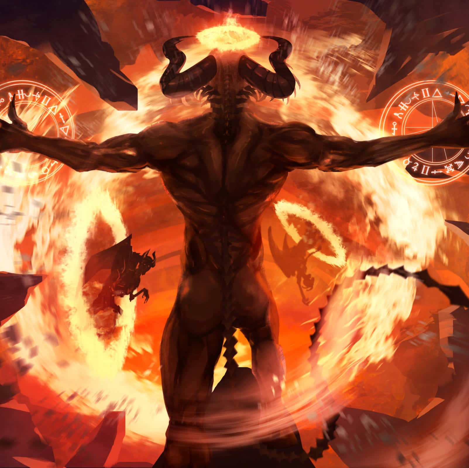 惡魔 桌布 壁紙 — 一個肌肉發達、有角的惡魔背對著熾熱的橙色火焰站立，發光的符文在其伸展的手臂周圍旋轉。