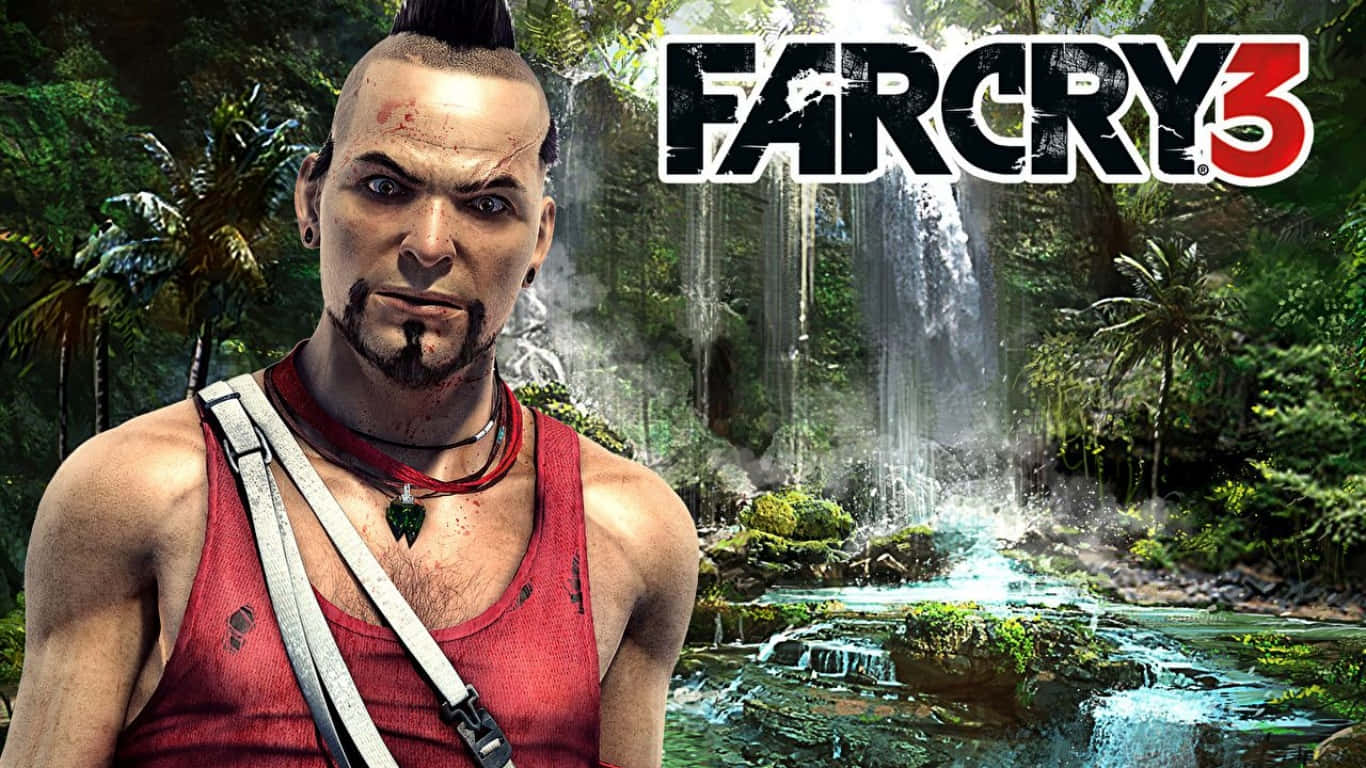 1366x768 Far Cry 3 桌布 壁紙 — 一個肌肉發達、梳著莫霍克頭、穿著紅色背心的男人站在《極地戰嚎3》中茂密的叢林瀑布前。