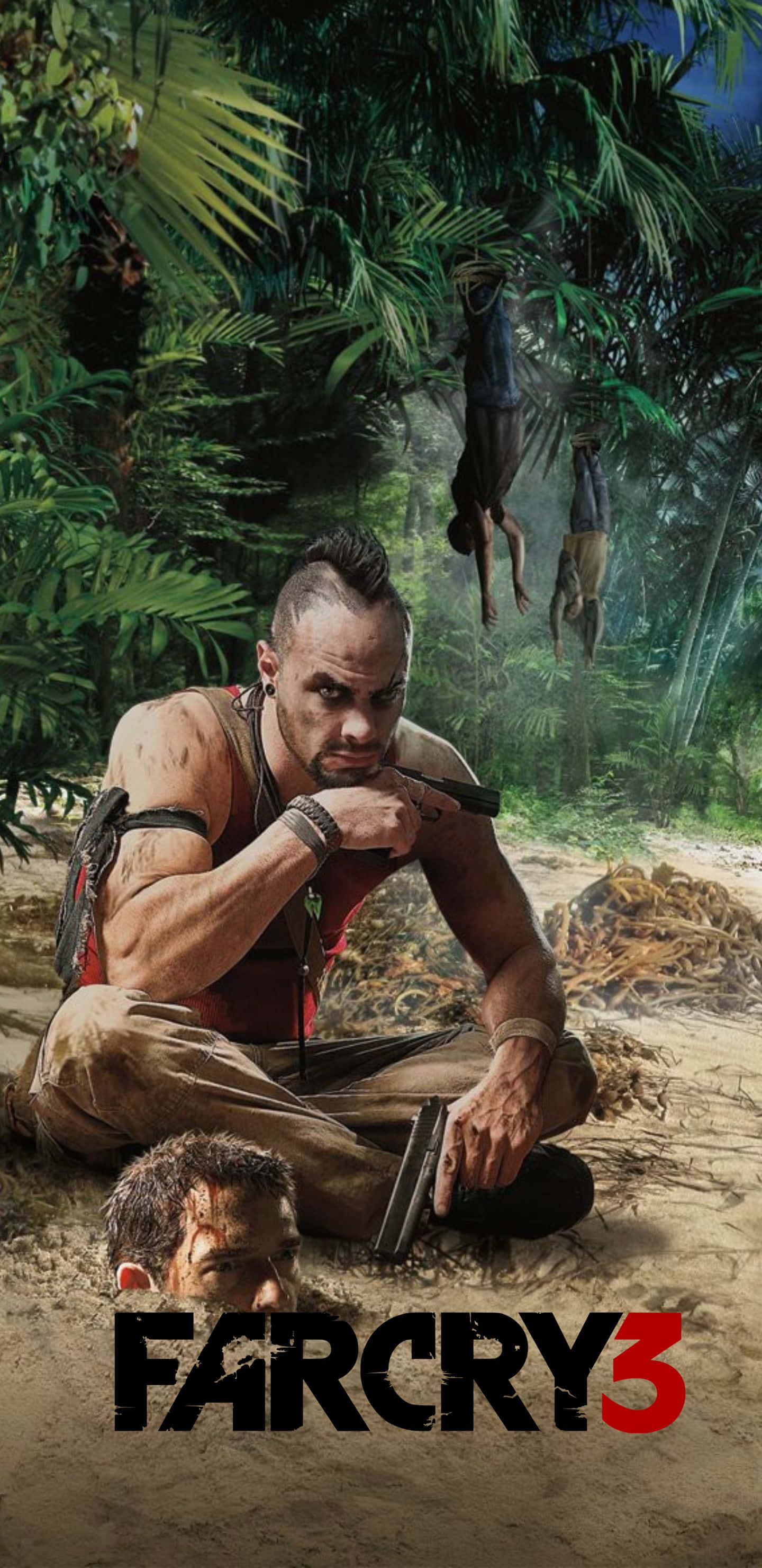 Pixel 3xl Far Cry 3 桌布 壁紙 — 一個肌肉發達、梳著莫霍克頭的男性坐在叢林中，手持槍支，腳邊有一個斷頭，身後有兩具屍體掛在樹上。