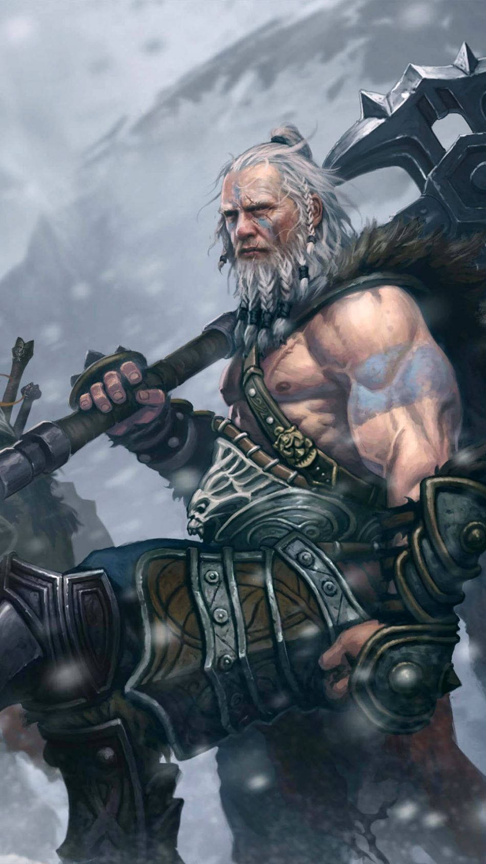 Diablo 3 桌布 壁紙 — 一個肌肉發達、留著白鬍子的戰士，在雪山背景下揮舞著帶刺的斧頭。