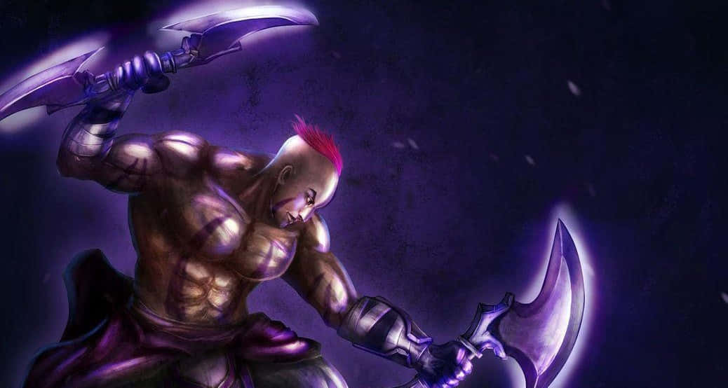 Anti-mage 桌布 壁紙 — 一個肌肉發達、留著紅色莫西干頭的戰士，在黑暗暴風雨的背景下揮舞著發光的紫色斧頭。