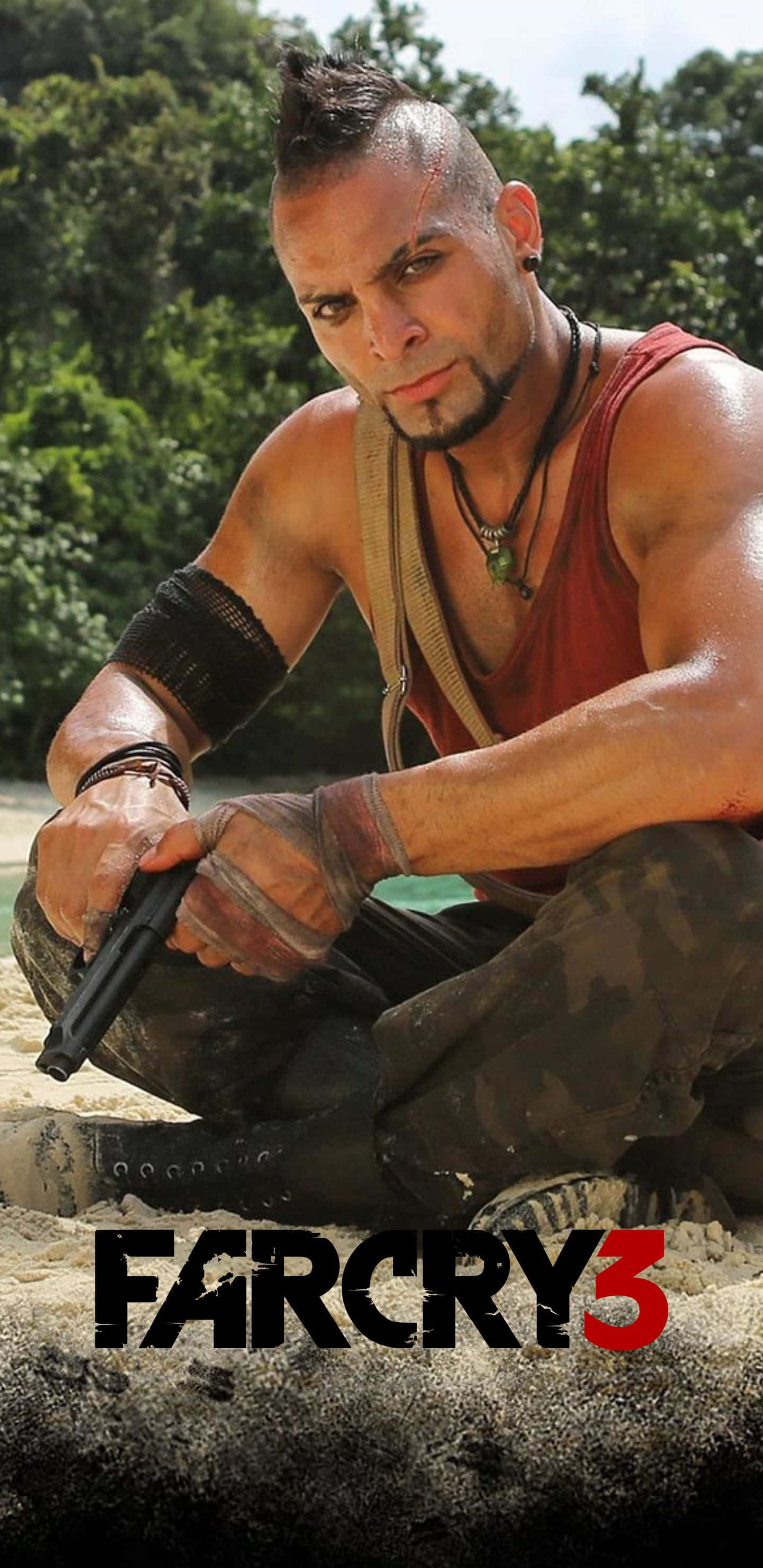 Pixel 3xl Far Cry 3 桌布 壁紙 — 一個肌肉發達、留著莫西乾頭的男性在叢林中蹲下，手持手槍，在明亮的日光下。