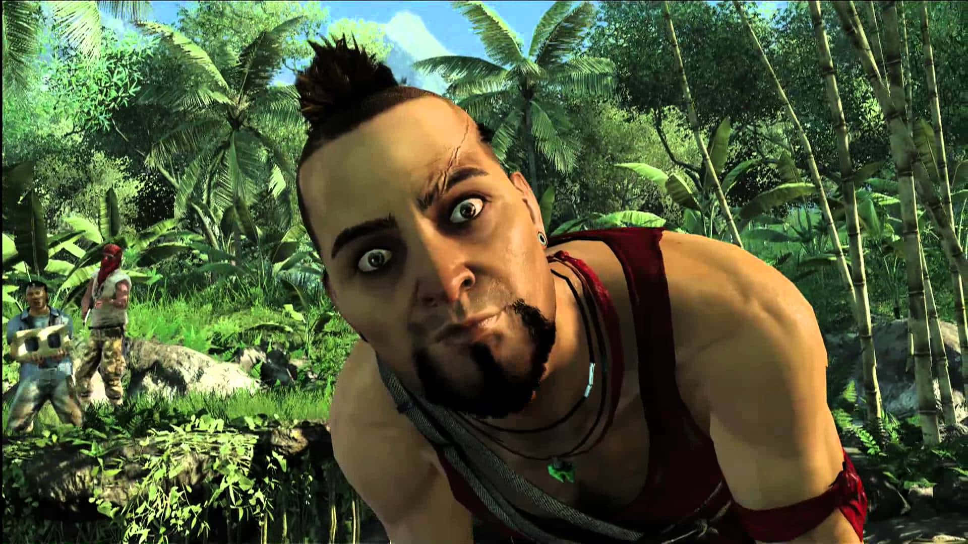 Far Cry 5 桌布 壁紙 — 一個肌肉發達、留著莫霍克頭和鬍子的男人，從一個有竹子和棕櫚樹的茂密熱帶叢林中凝視著。
