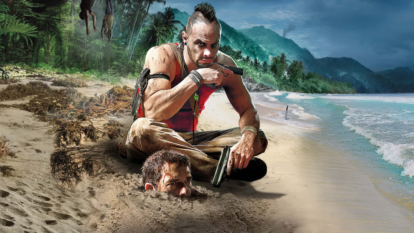 1366x768 Far Cry 5 桌布 壁紙 — 一個肌肉發達、留著莫霍克頭的男人坐在熱帶海灘上，手持槍支，而另一個男人的頭從附近的沙中冒出。