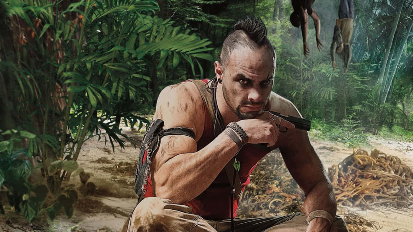 1366x768 Far Cry 3 桌布 壁紙 — 一個肌肉發達、留著莫霍克頭的男人蹲在叢林中，手持槍支，身後樹上掛著兩個人影。