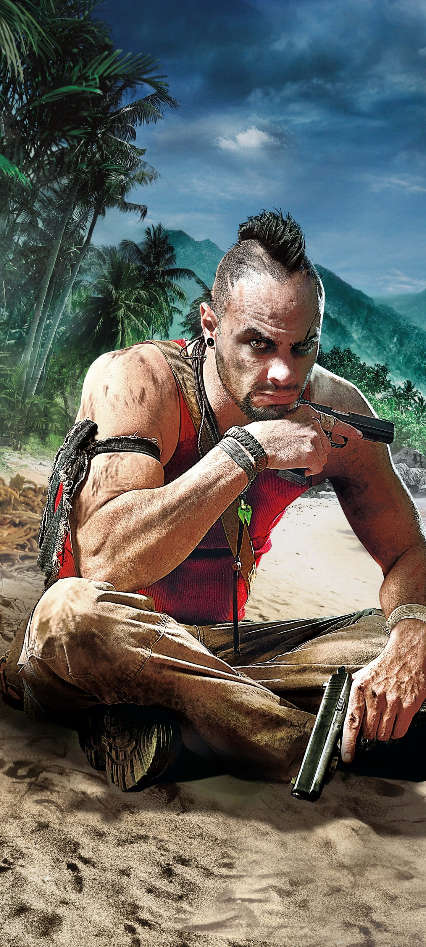Far Cry 桌布 壁紙 — 一個肌肉發達、留著莫霍克頭的男人坐在熱帶海灘上，在暴風雨的天空下握著兩把手槍。