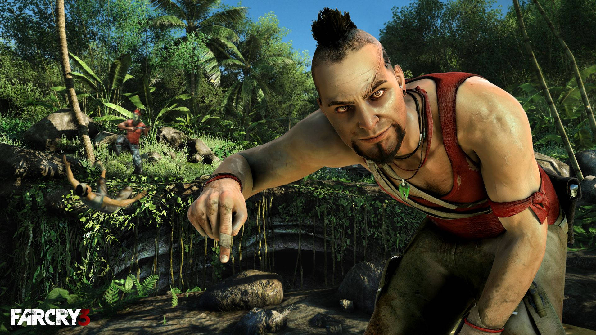 Far Cry 3 桌布 壁紙 — 一個肌肉發達、留著莫霍克頭的男人在茂密的熱帶叢林中挑釁地指著，背景有另一個人影。