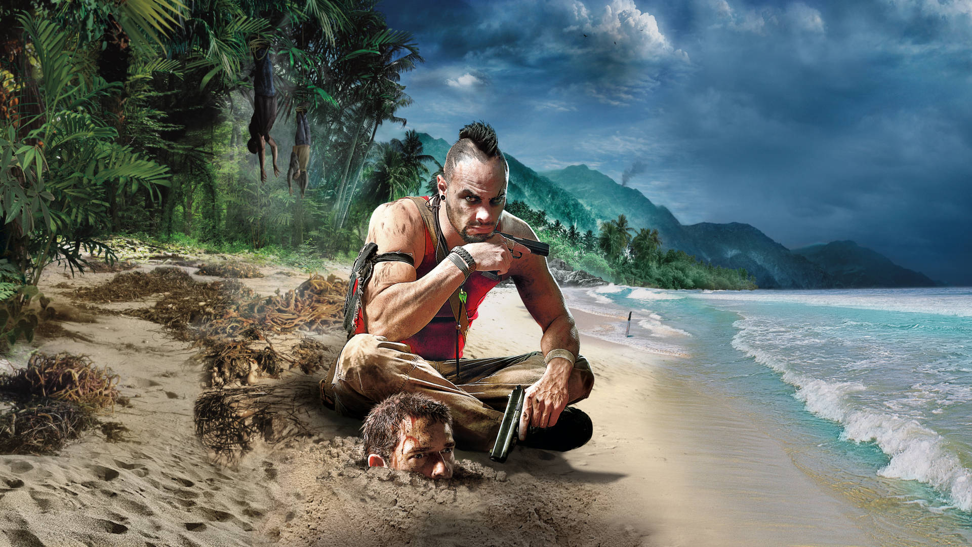 Far Cry 3 桌布 壁紙 — 一個肌肉發達、留著莫霍克頭的男性坐在熱帶海灘上，手持槍枝，而另一個男性的頭被埋在沙中。