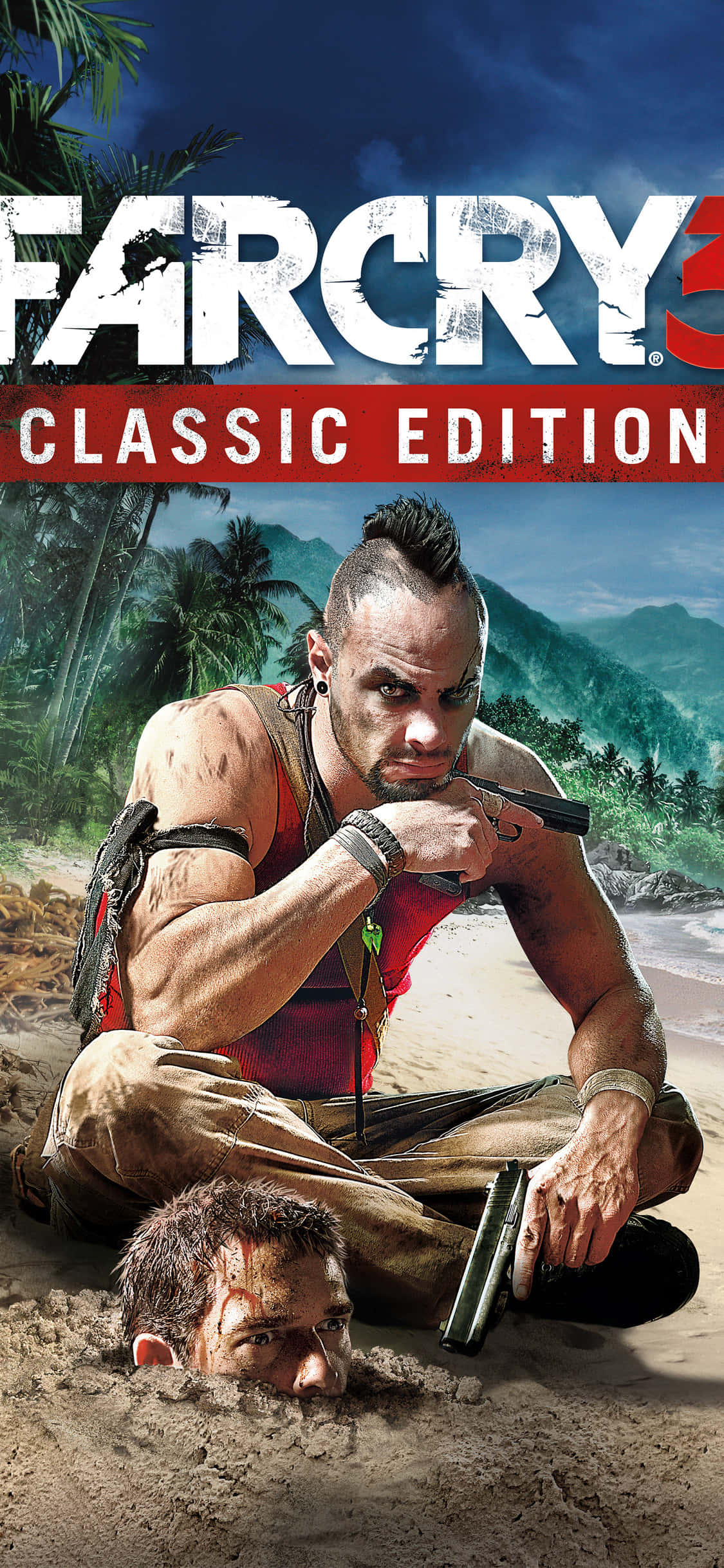 iPhone Xs Far Cry 3 桌布 壁紙 — 一個肌肉發達、留著莫霍克髮型的男人坐在熱帶海灘上，手持一把槍，而另一個男人的頭從他身後的沙子中冒出。