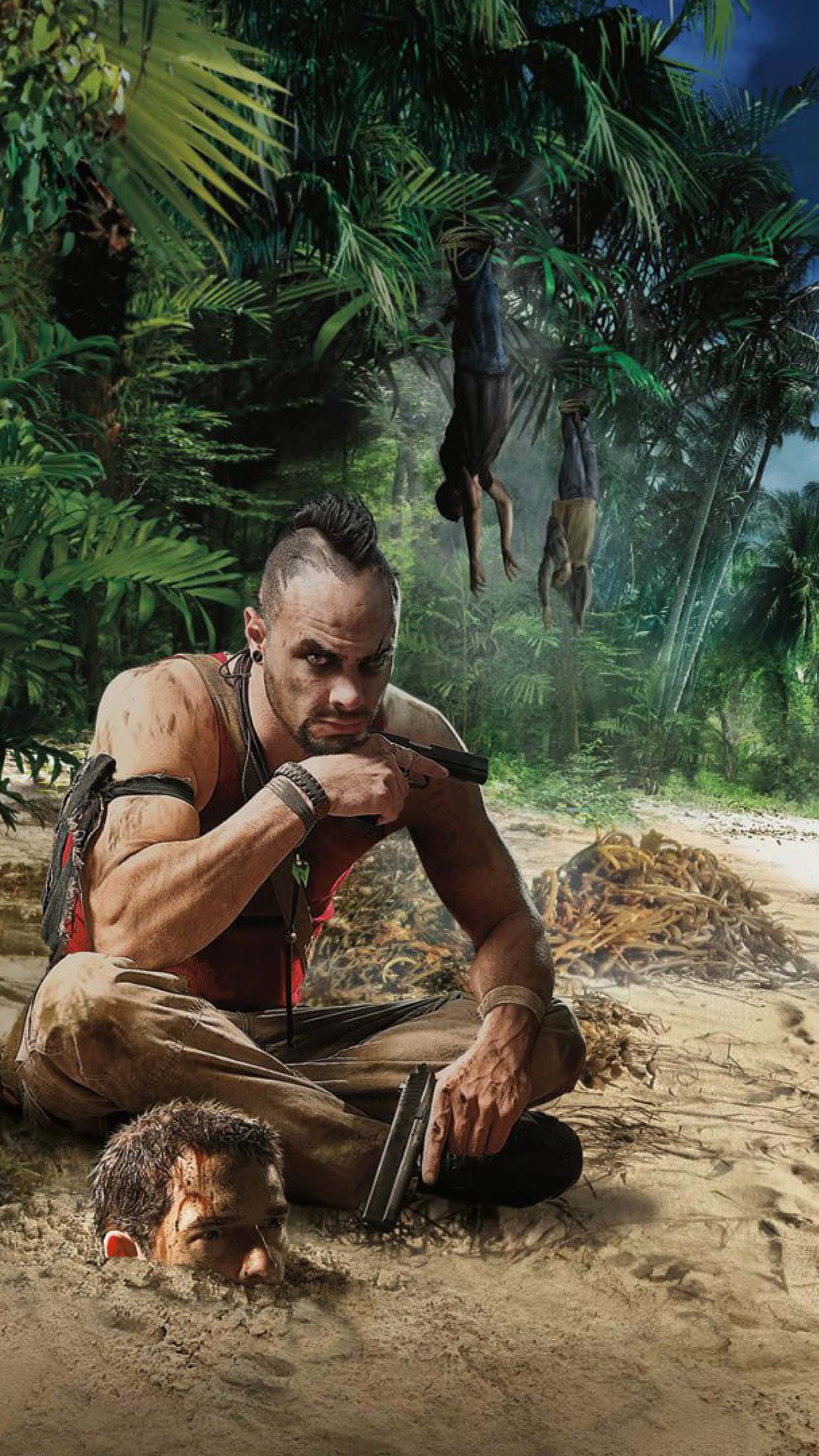 iPhone Xs Far Cry 3 桌布 壁紙 — 一個肌肉發達、留著莫霍克髮型的男人坐在叢林海灘上，手持一把槍，身後有兩具屍體掛在樹上。