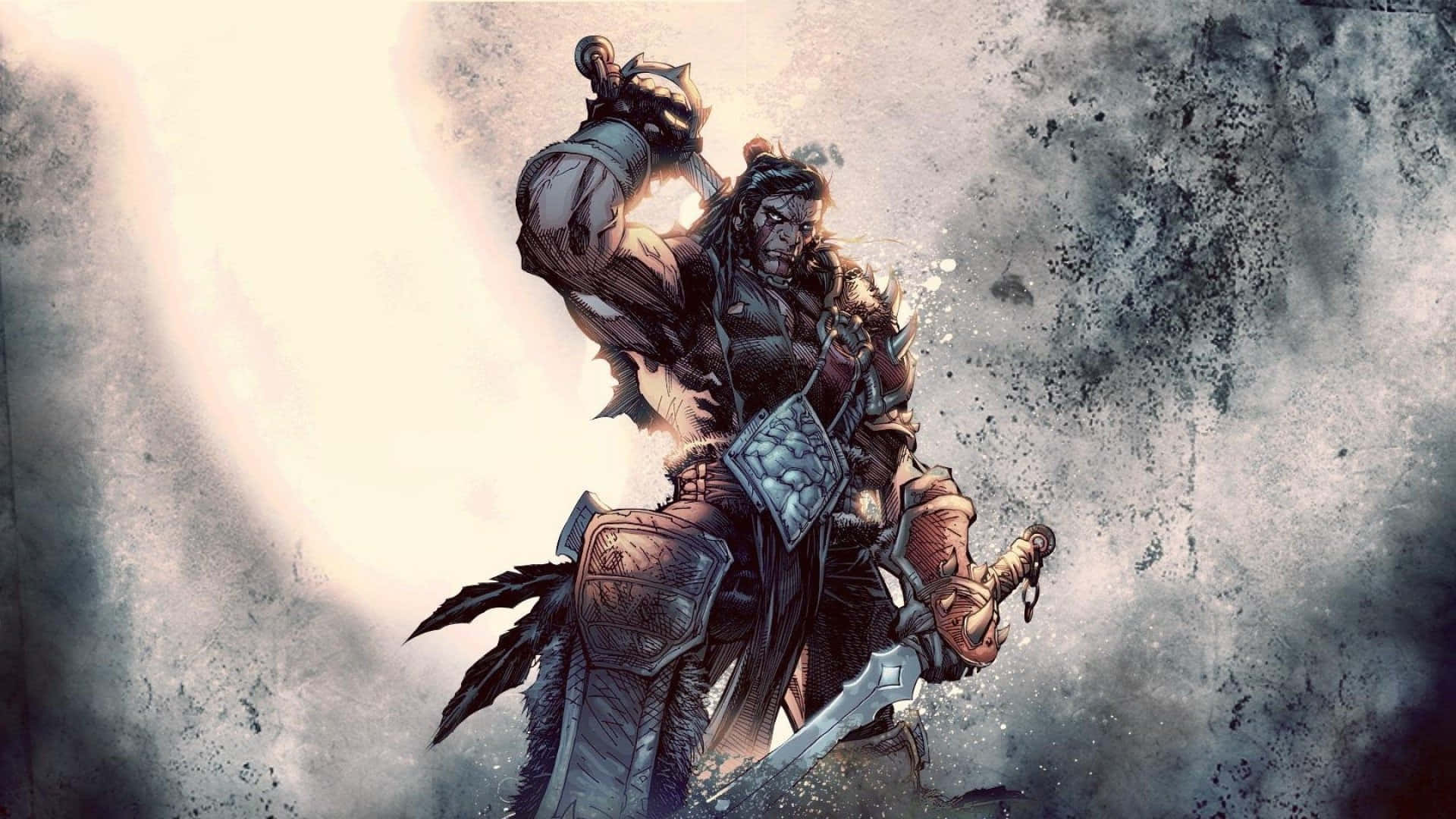 World Of Warcraft 1920x1080 桌布 壁紙 — 一個肌肉發達、留著辮子、身穿盔甲的戰士，在粗糙紋理的背景前舉起劍。
