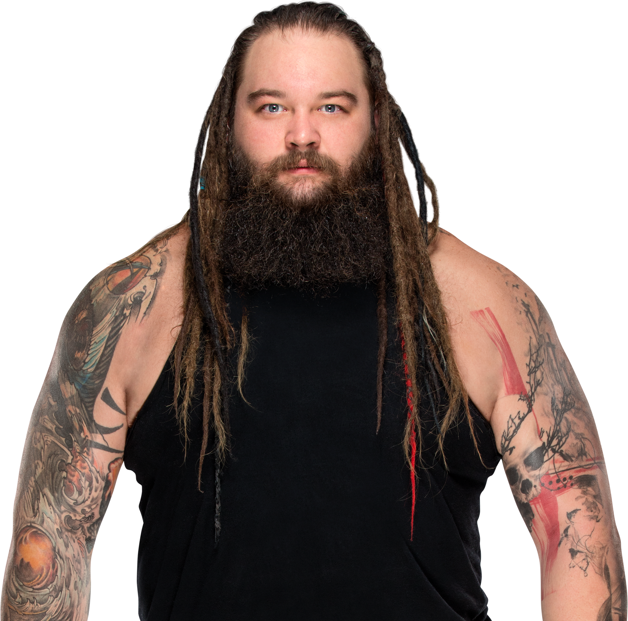 WWE 桌布 壁紙 — 一個肌肉發達、留著長辮子和濃密鬍鬚的男人，在黑色背景下凝視著，展示雙臂上複雜的紋身。