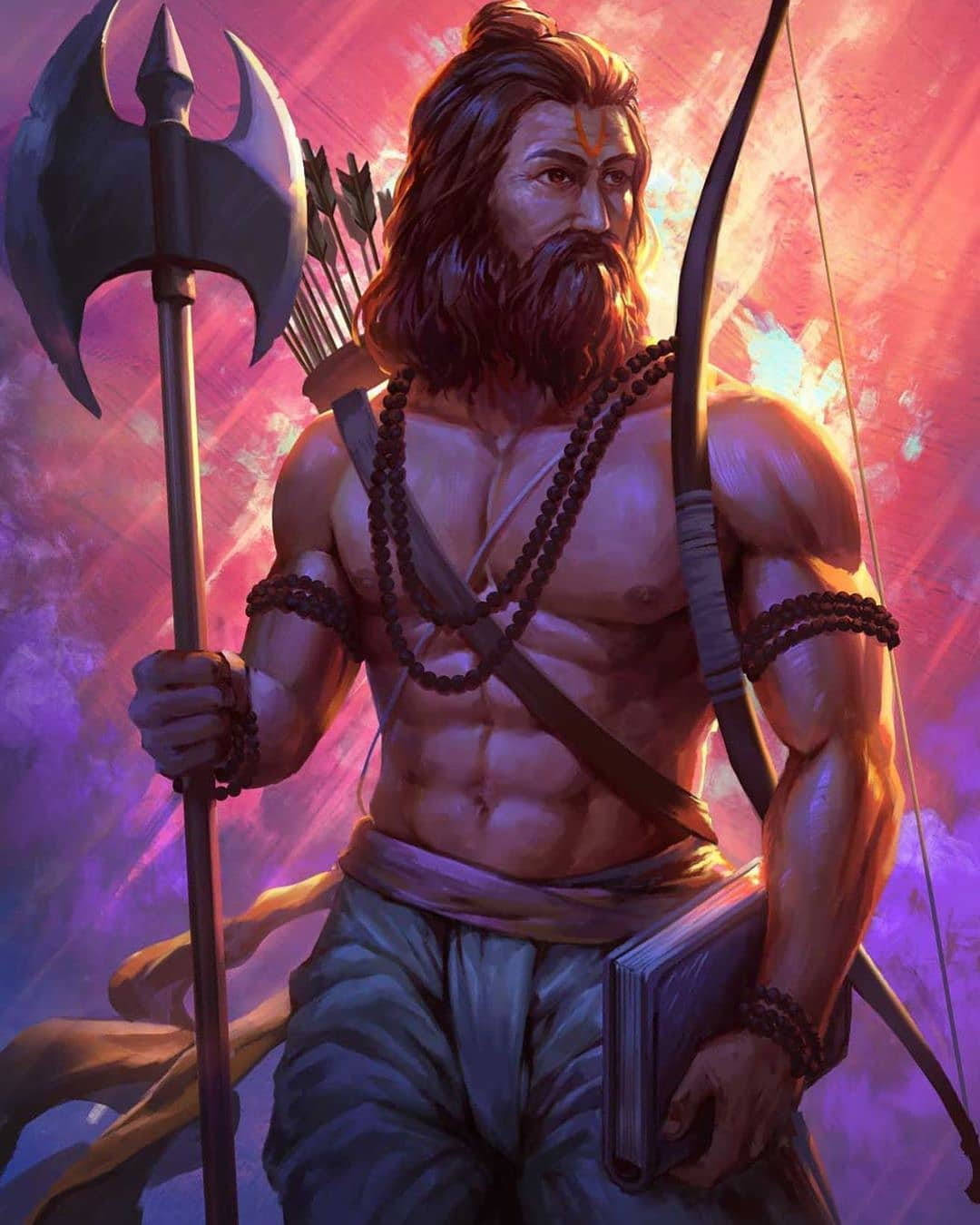 Parshuram 桌布 壁紙 — 一個肌肉發達、留著長髮的鬍鬚戰士，在充滿活力的紫色和粉紅色宇宙背景下，手持雙刃斧和弓。