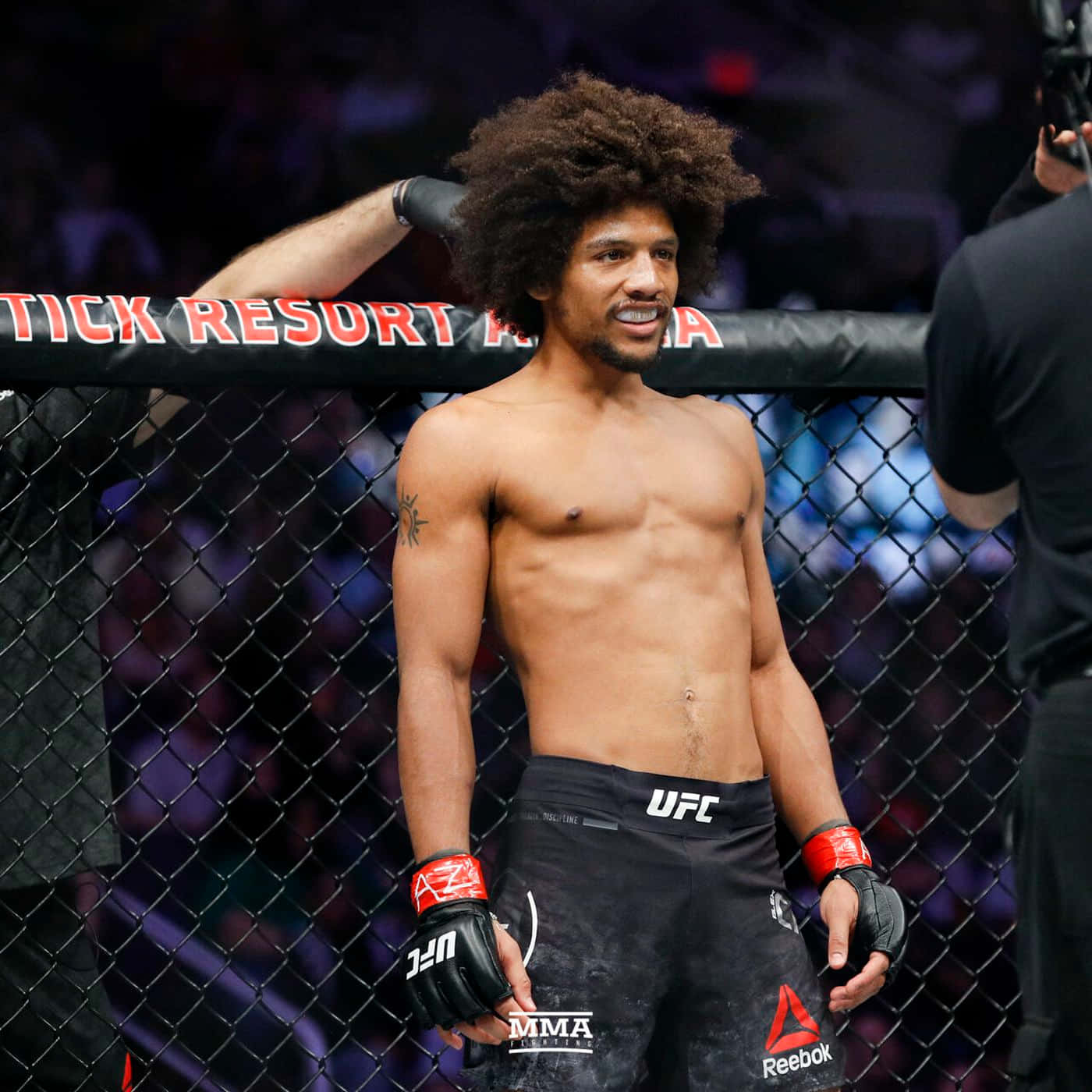 MMA 桌布 壁紙 — 一個肌肉發達、留著非洲爆炸頭的拳手站在UFC八角籠內，比賽後微笑。