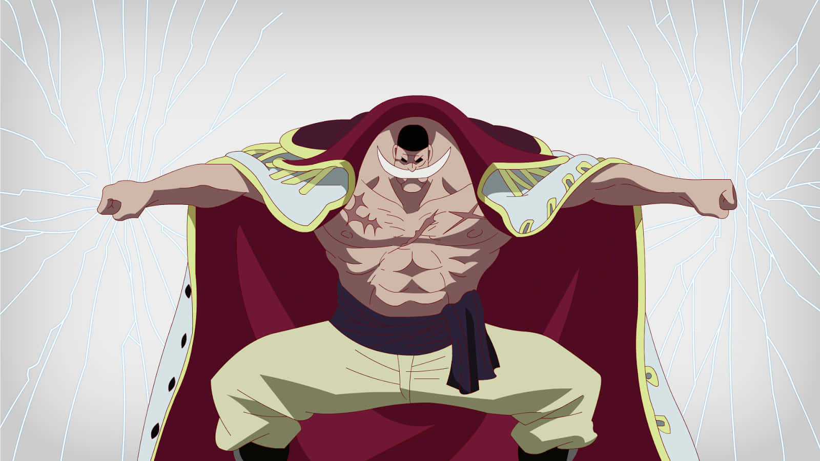 Whitebeard 桌布 壁紙 — 一個肌肉發達、留著鬍鬚、披著紅色斗篷的動漫角色，在白色背景上，伴隨著噼啪作響的藍色能量線條，強而有力地張開雙臂站立。