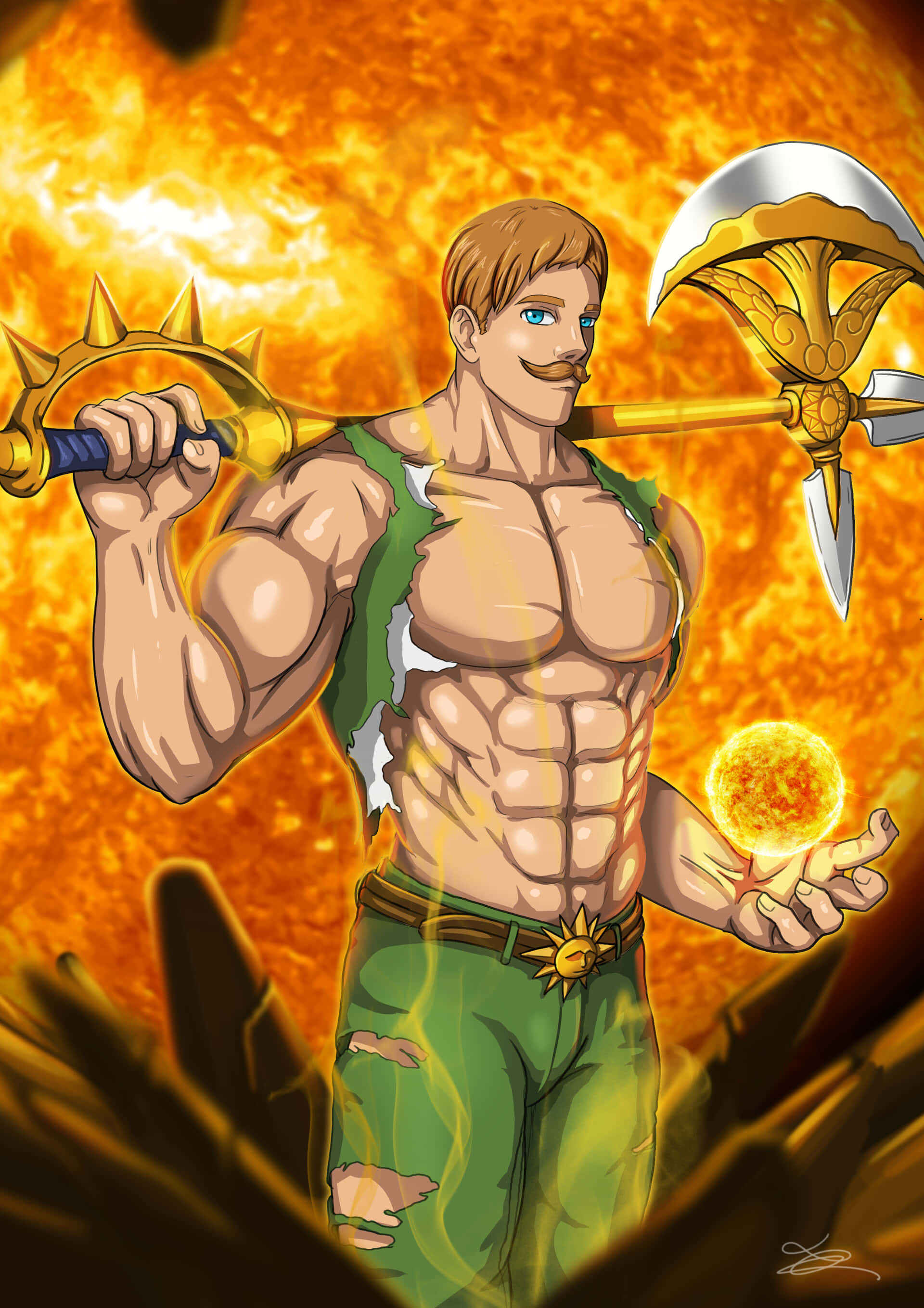 Escanor 桌布 壁紙 — 一個肌肉發達、留著鬍鬚的動漫戰士揮舞著帶刺的武器，並在熾熱的橙色背景下舉著發光的太陽。