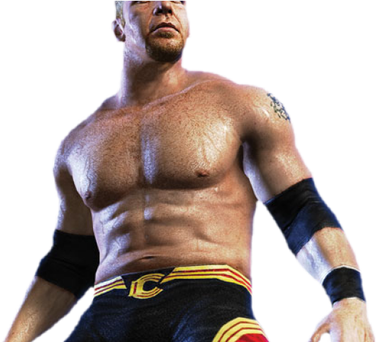 WWE 桌布 壁紙 — 一個肌肉發達、留鬍子、有紋身的摔角手，在黑色背景下穿著帶有黃色條紋的黑色短褲和黑色臂套，眼神專注。