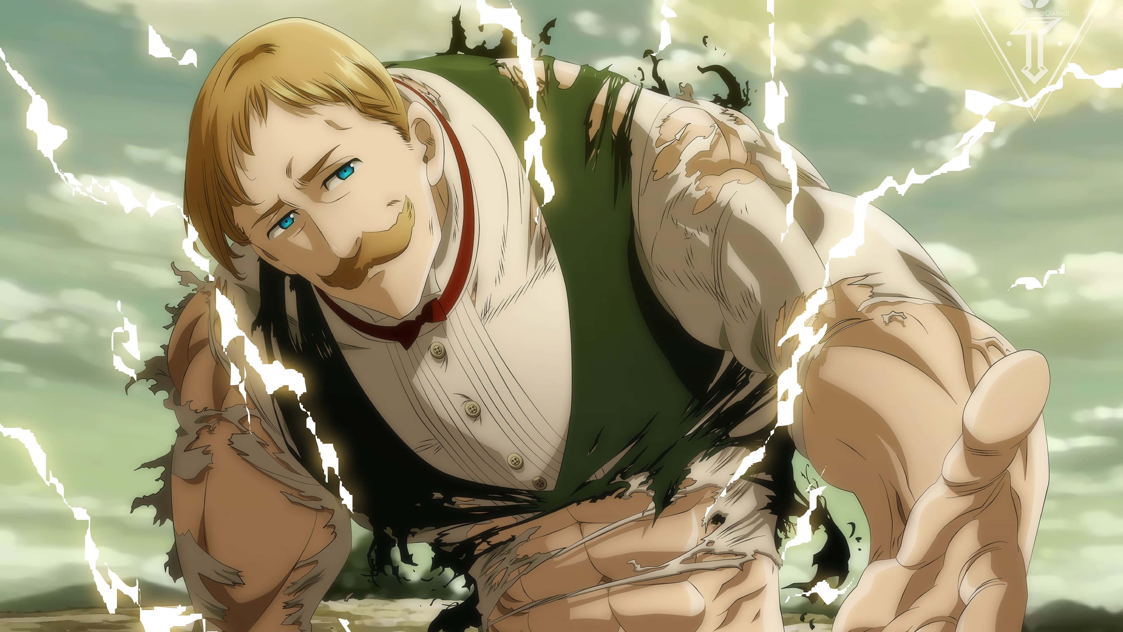 Escanor 桌布 壁紙 — 一個肌肉發達、留鬍子、穿著破背心的動漫男子，在雷電交加的暴風雨中奮力前行。