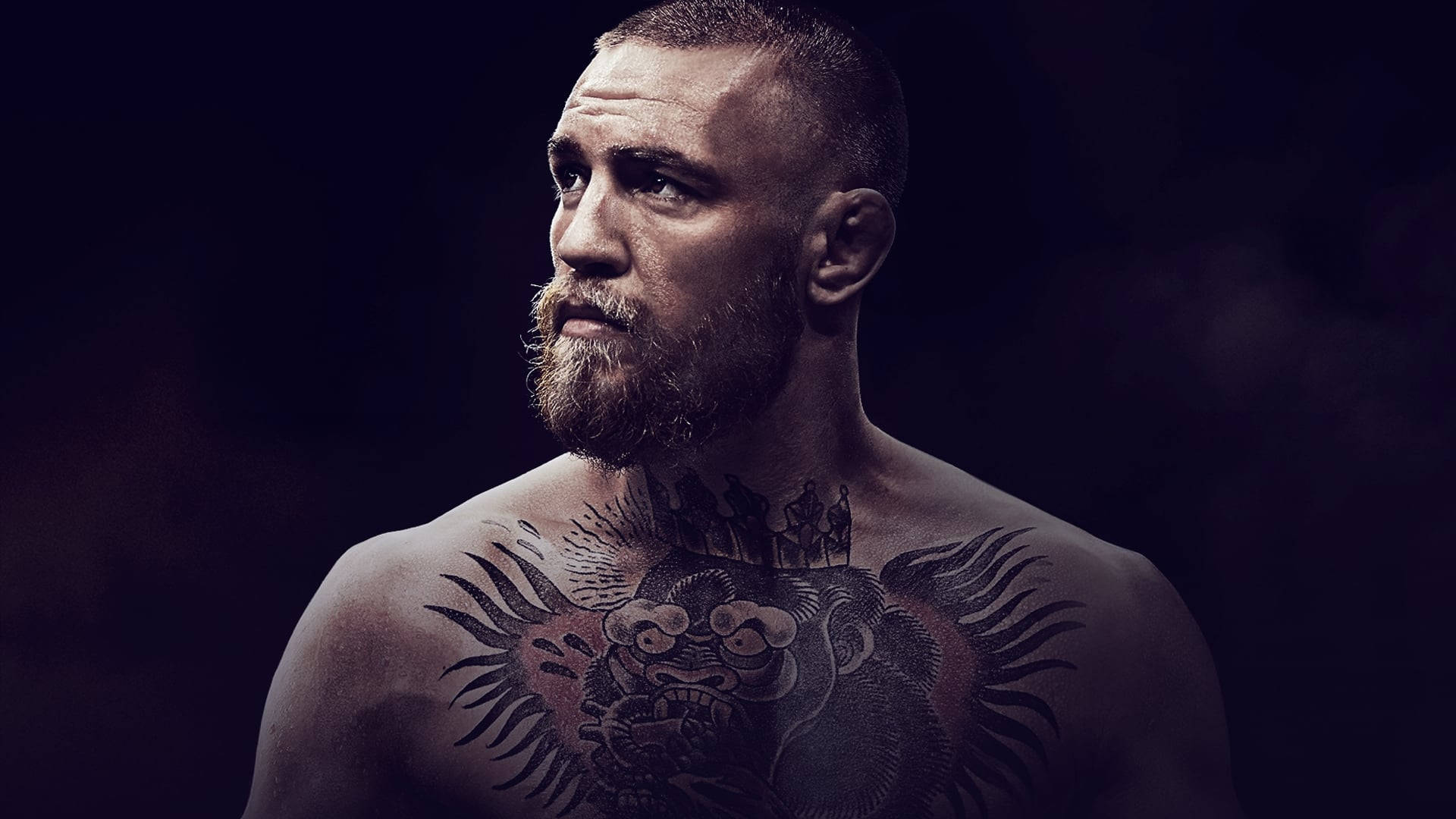 Mcgregor 桌布 壁紙 — 一個肌肉發達、留鬍子、胸前有複雜紋身的男人，在黑暗背景下強烈凝視。