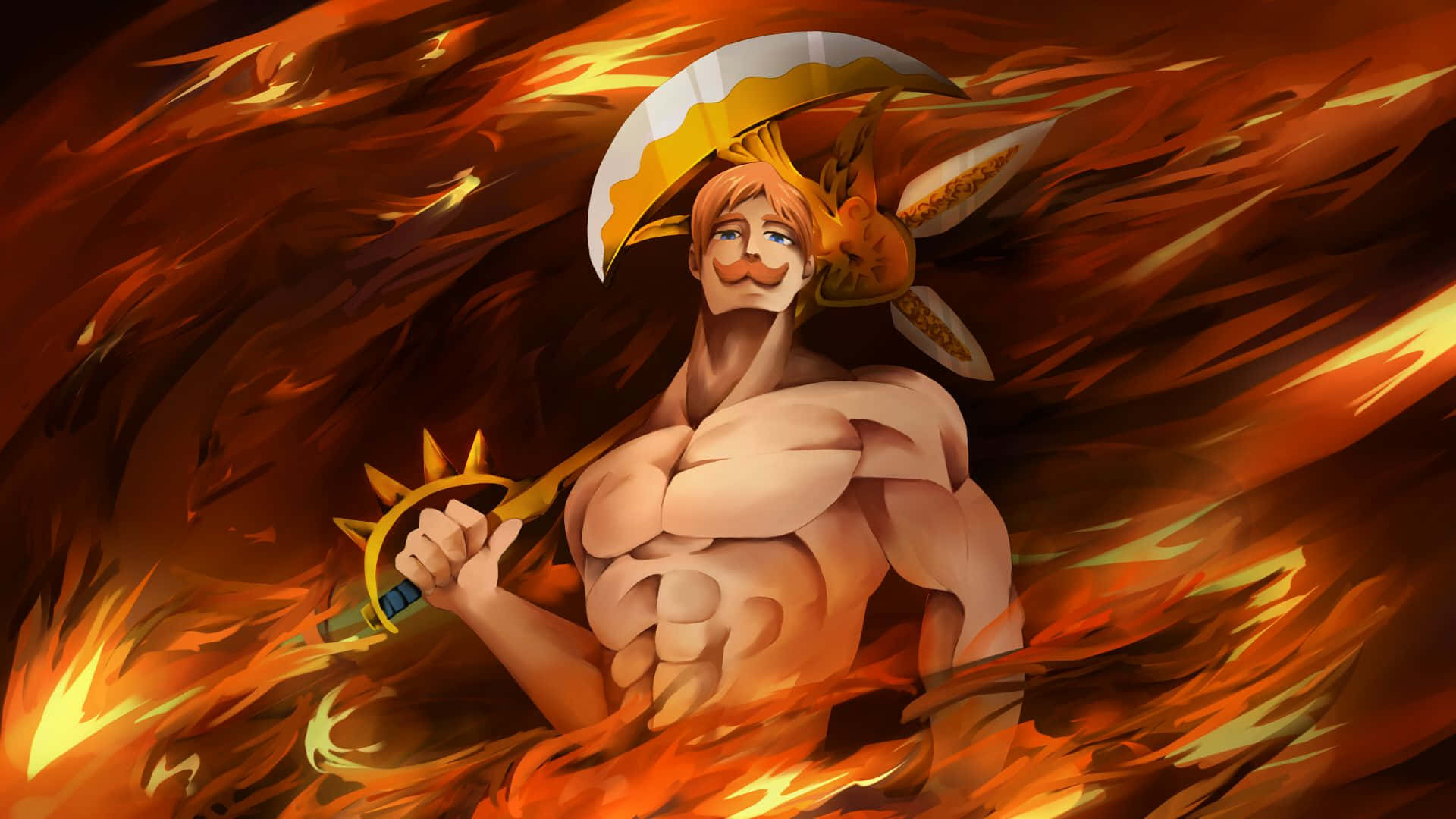 Escanor 桌布 壁紙 — 一個肌肉發達、留鬍子的動漫戰士在旋轉的橙色和紅色火焰中揮舞著一把火焰劍。