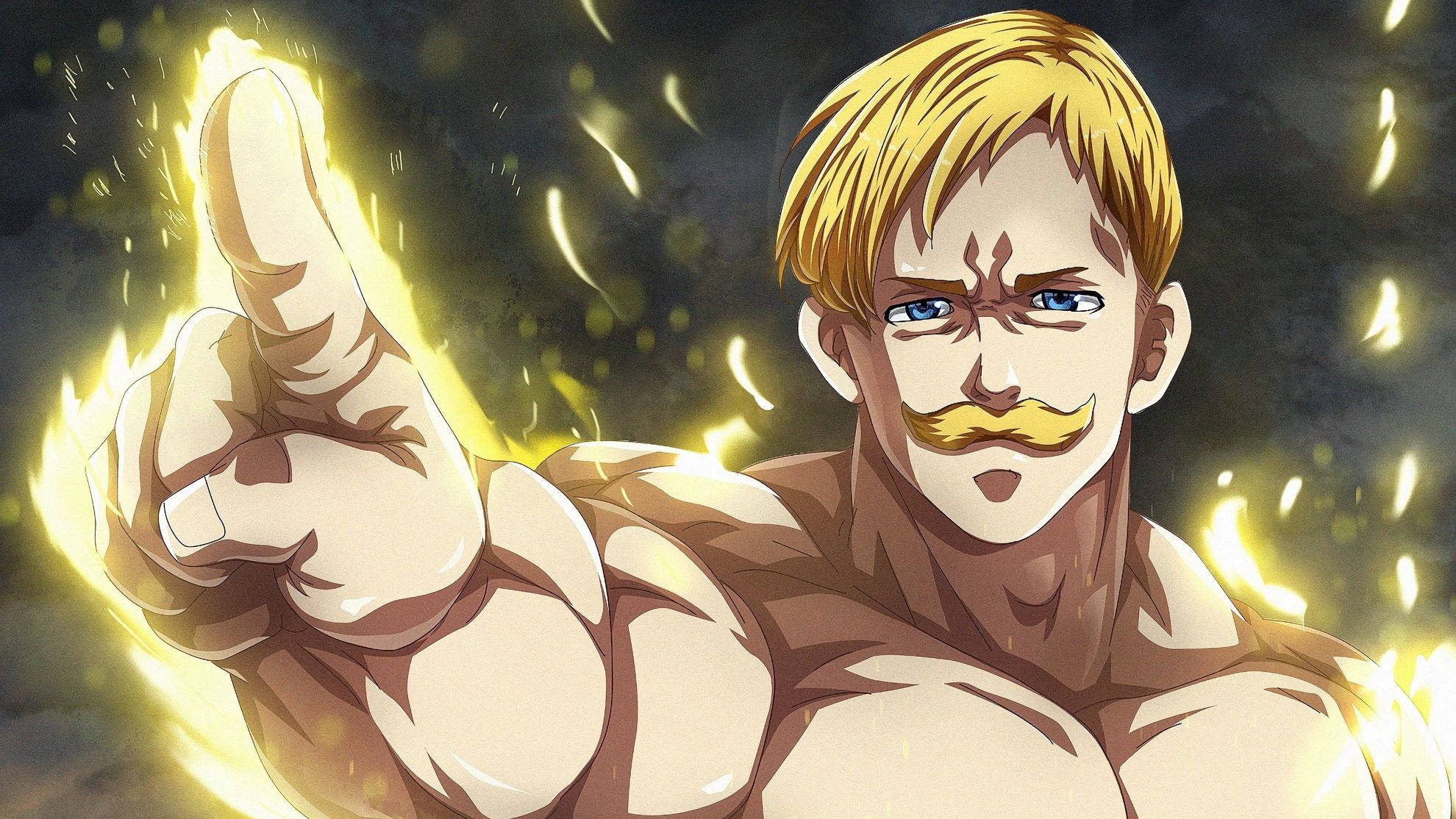 Escanor 桌布 壁紙 — 一個肌肉發達、留鬍子的動漫男人向前指，手指噴發出發光的黃色能量，背景為黑色。