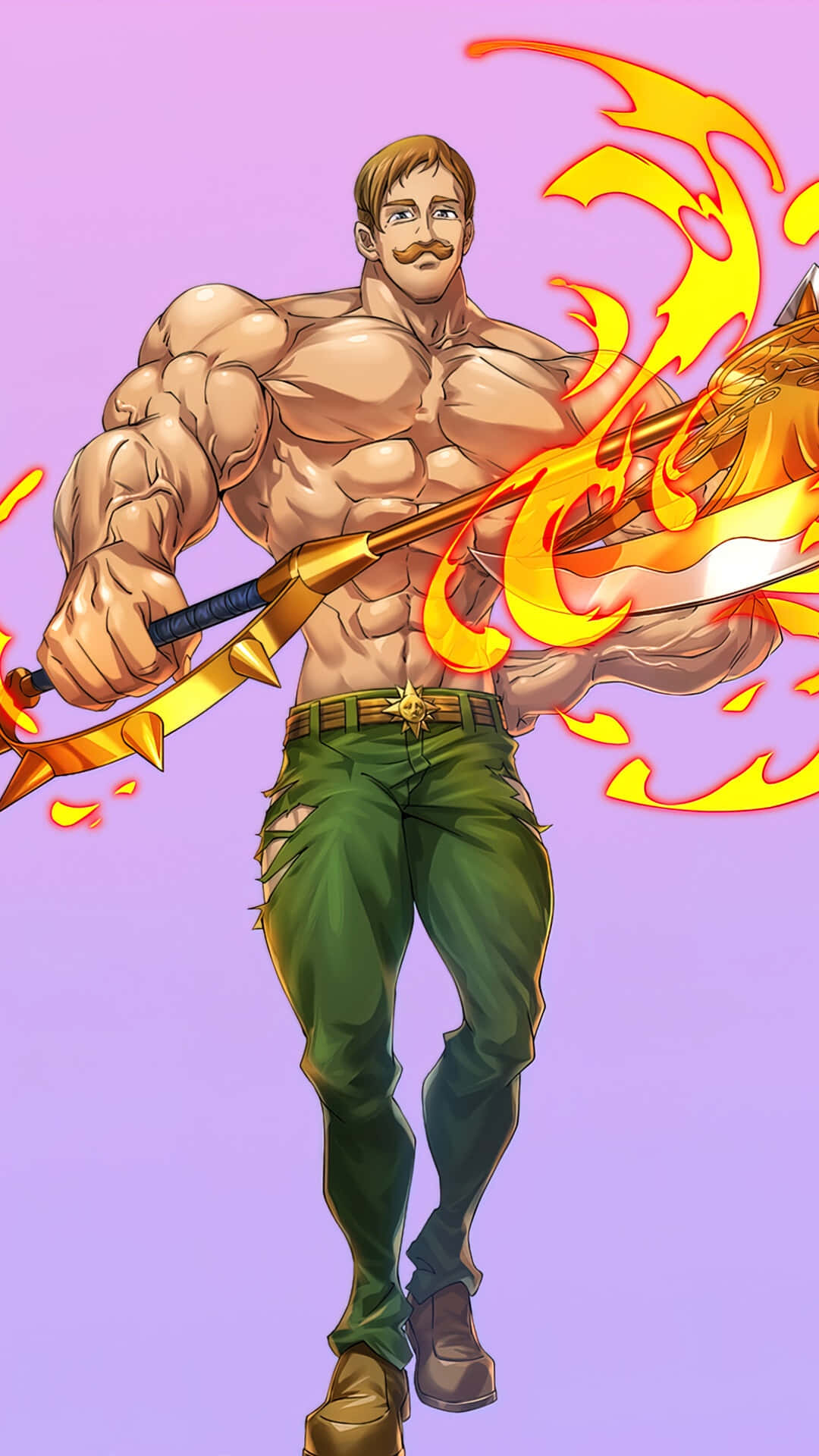 Escanor 桌布 壁紙 — 一個肌肉發達、留鬍子的動漫男子，在柔和的紫色背景下揮舞著一把燃燒的金色長矛。