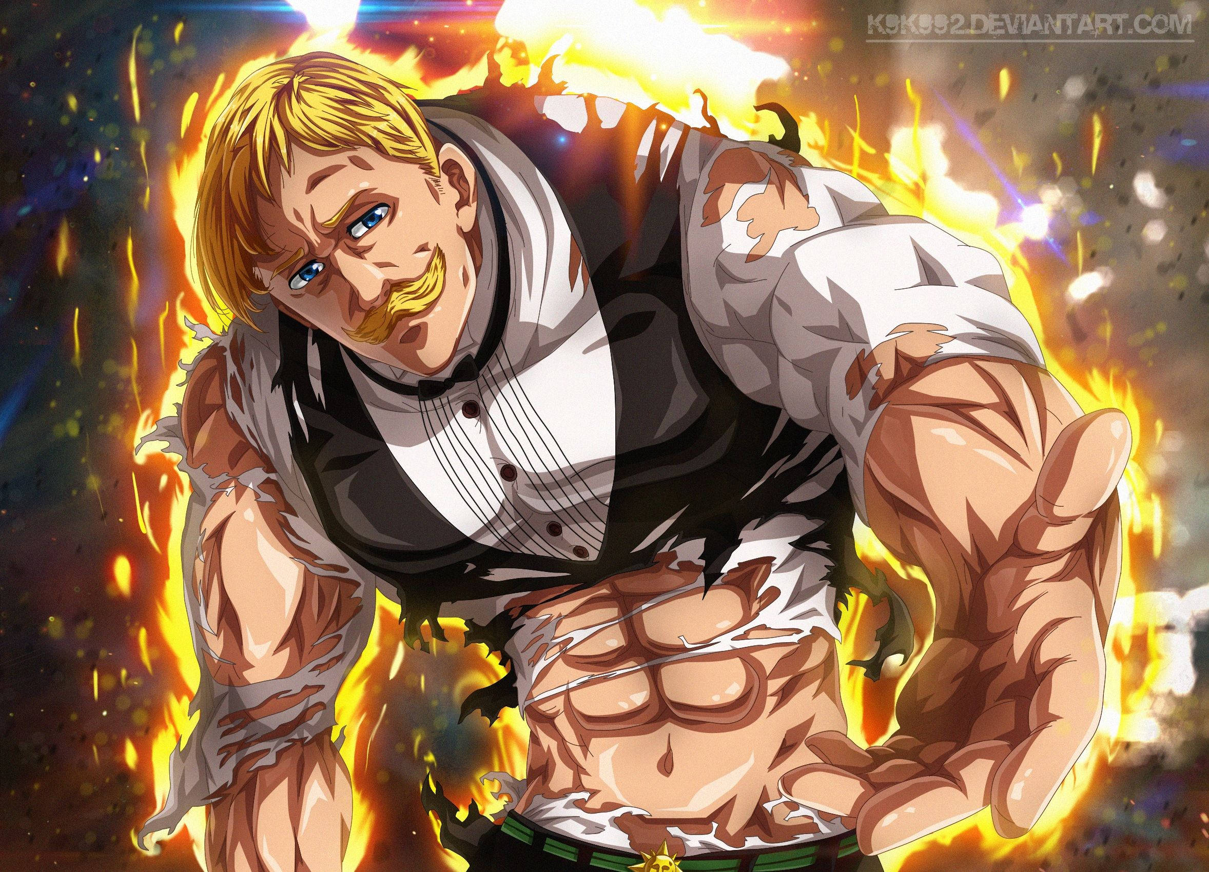 Escanor 桌布 壁紙 — 一個肌肉發達、留鬍子的動漫男子，在宇宙背景下被熊熊火焰包圍著向前衝。