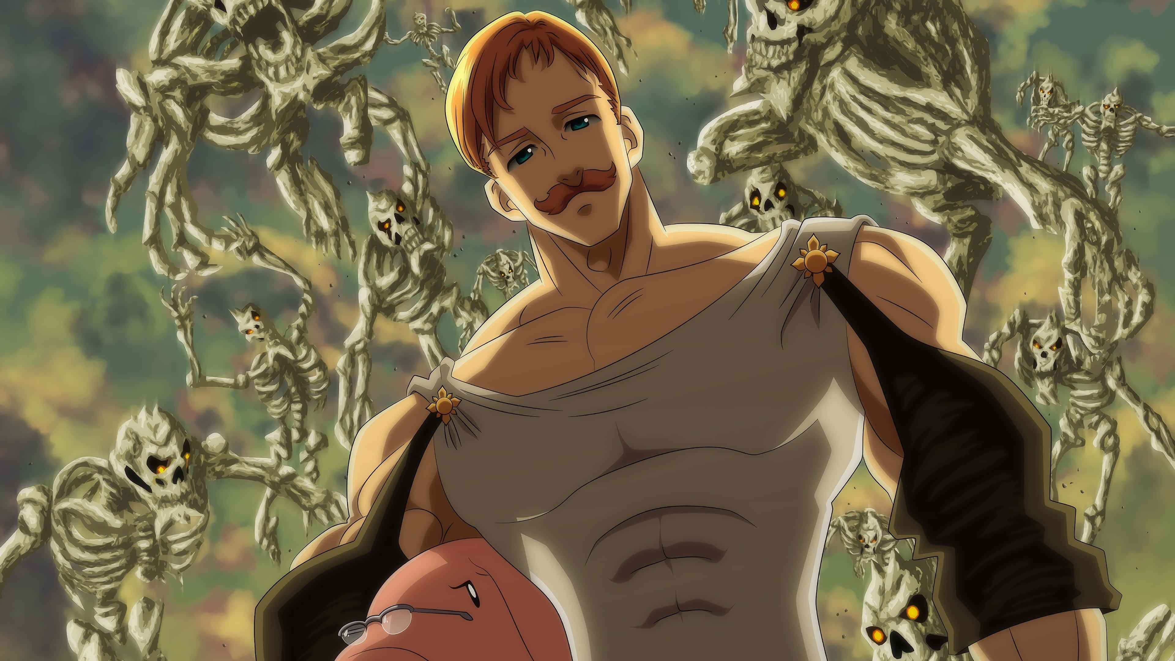 Seven Deadly Sins 4K 桌布 壁紙 — 一個肌肉發達、留鬍子的動漫男子挑釁地站著，發光眼睛的骷髏在混亂的戰鬥場景中蜂擁而至。