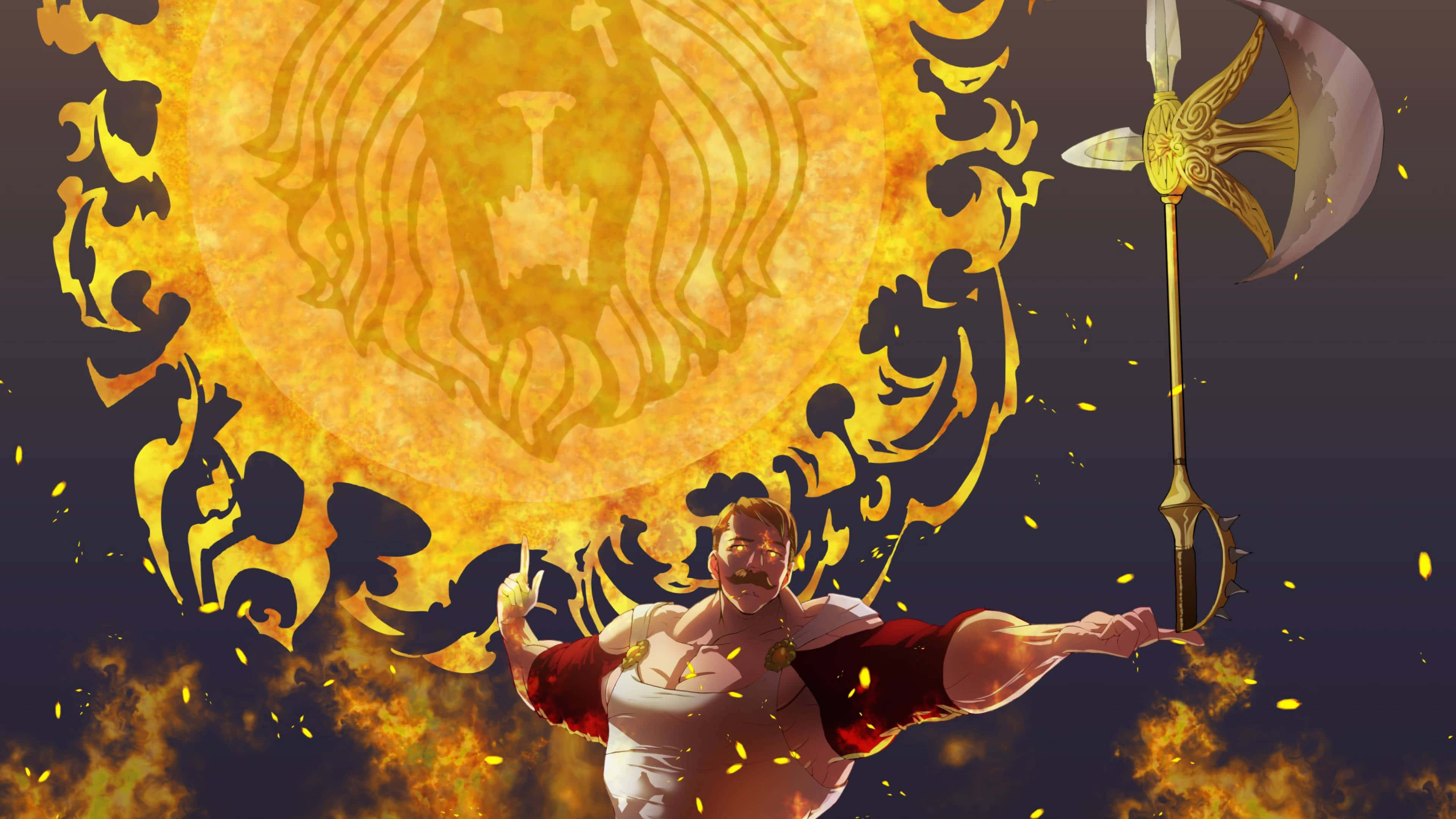 Escanor 桌布 壁紙 — 一個肌肉發達、留鬍子的戰士，在裝飾性火焰背景下，揮舞著金色斧頭，對抗熾熱的太陽。