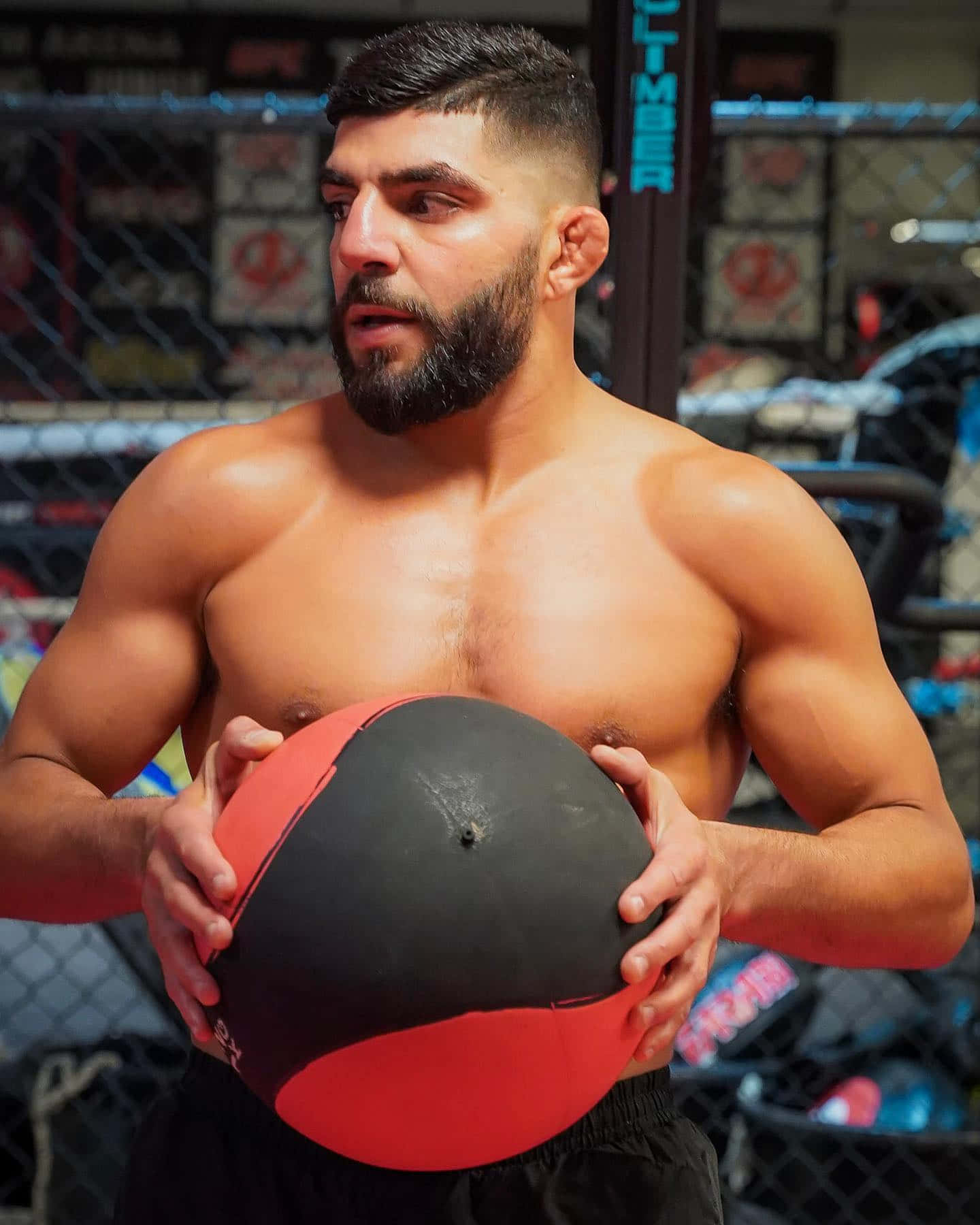 UFC 桌布 壁紙 — 一個肌肉發達、留鬍子的男人在一個有鐵絲網圍欄和訓練設備的健身房裡拿著一個紅黑色的藥球。