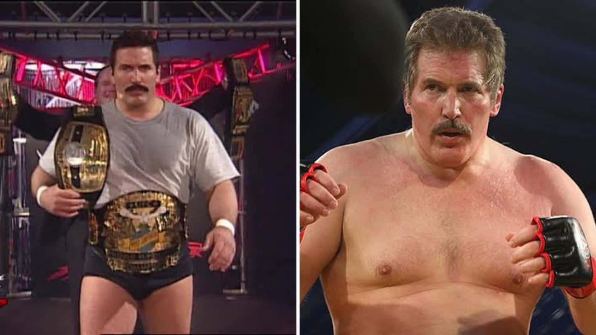 WWE 桌布 壁紙 — 一個肌肉發達、留鬍子的男人在摔角擂台上舉起冠軍腰帶，而另一個赤裸上身的拳擊手戴著手套準備戰鬥。