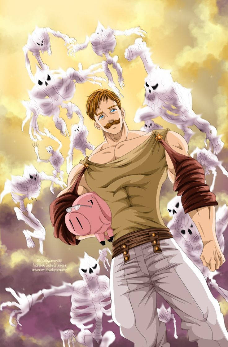 Escanor 桌布 壁紙 — 一個肌肉發達、留鬍子的男人拿著一個粉紅色的豬公撲滿，鬼魂般的骷髏在他周圍旋轉，背景是金色的天空。